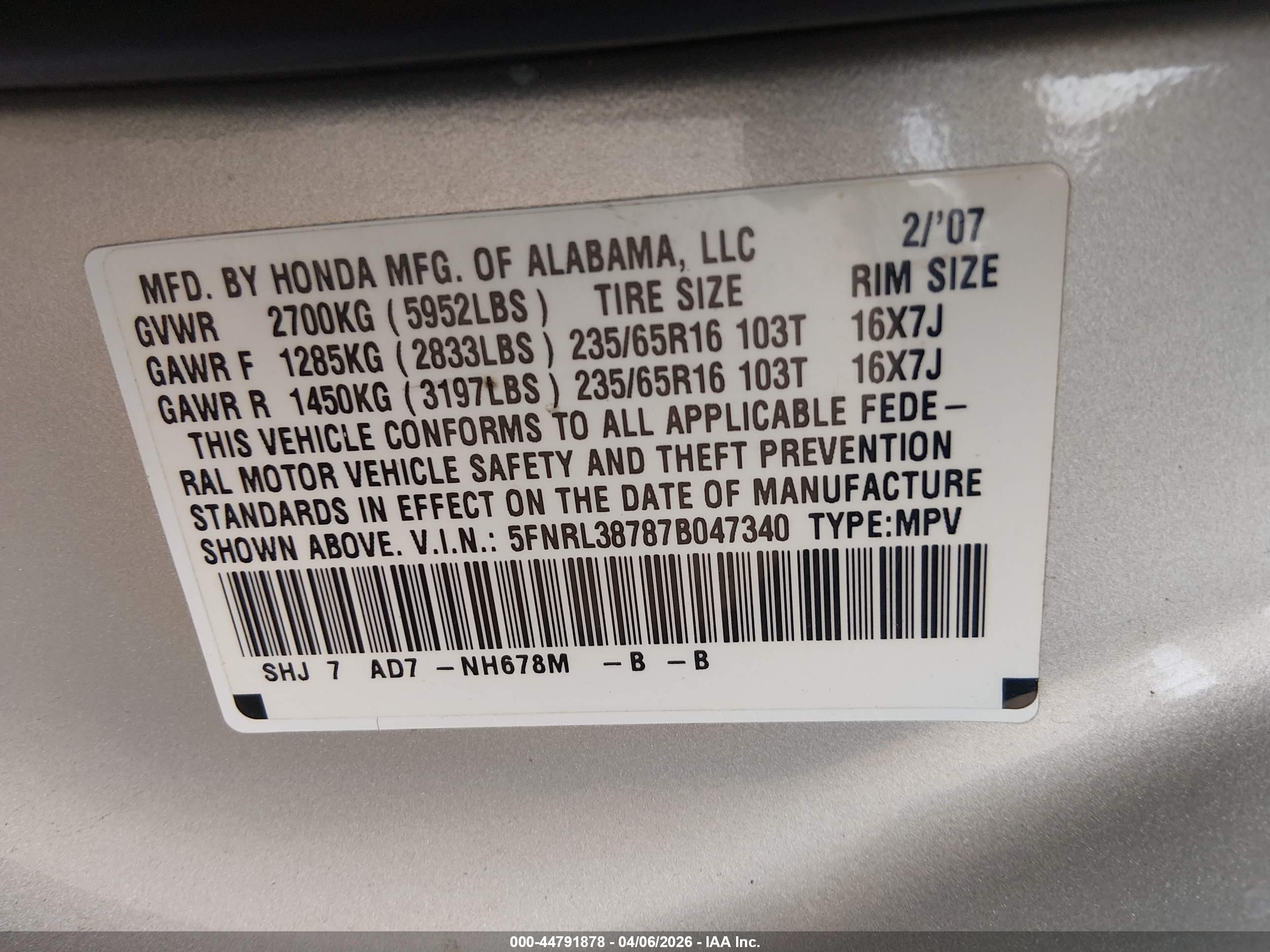 2007 Honda Odyssey Ex-l Silver vin: 5FNRL38787B047340
