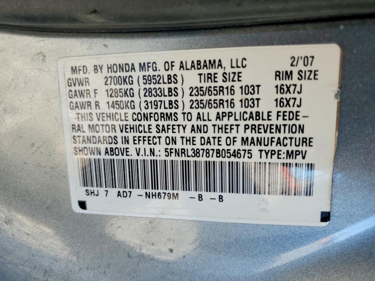 2007 Honda Odyssey Exl Blue vin: 5FNRL38787B054675