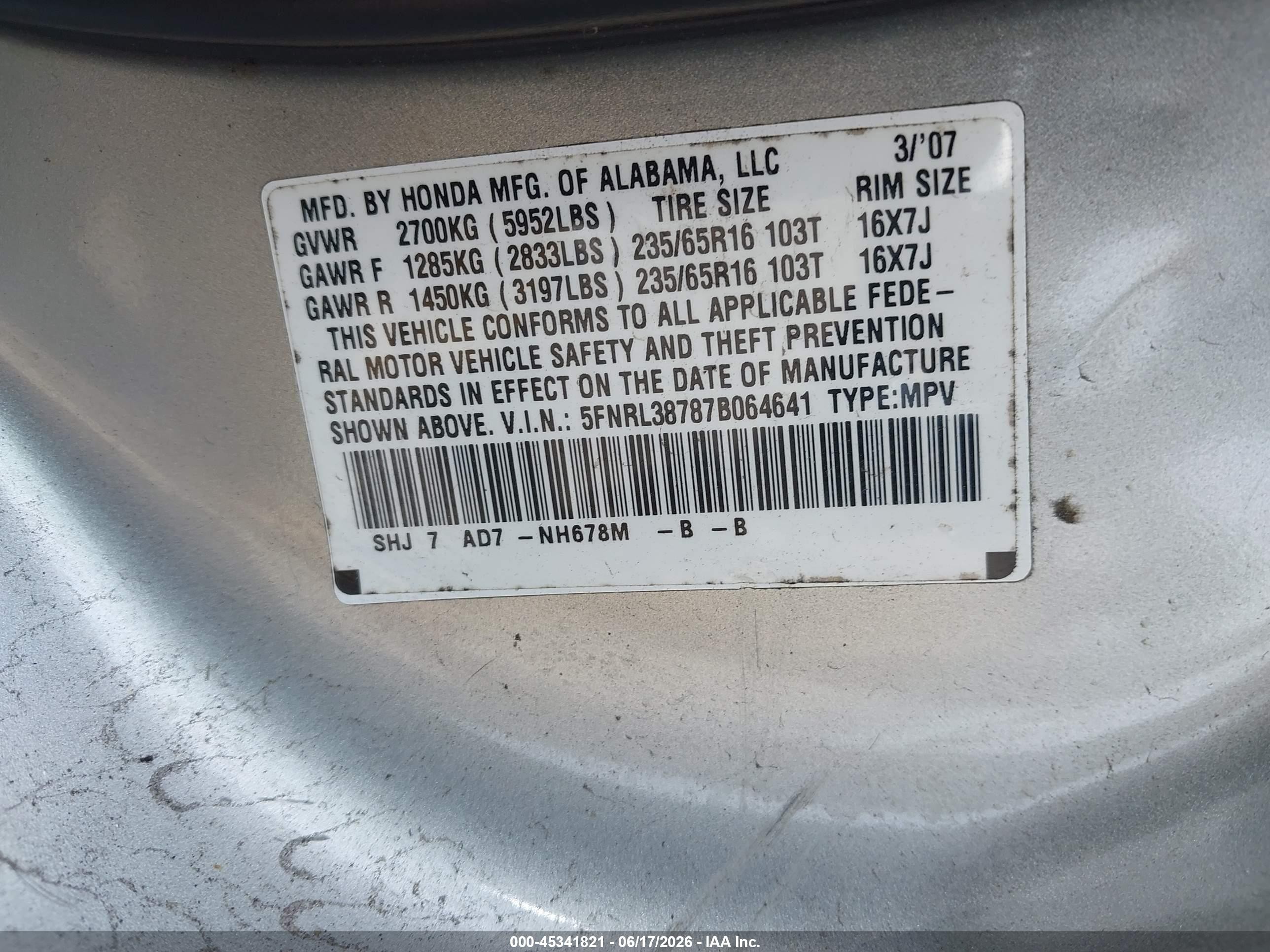 2007 Honda Odyssey Ex-l Gray vin: 5FNRL38787B064641