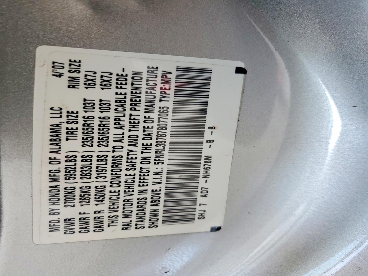 2007 Honda Odyssey Exl Silver vin: 5FNRL38787B077065