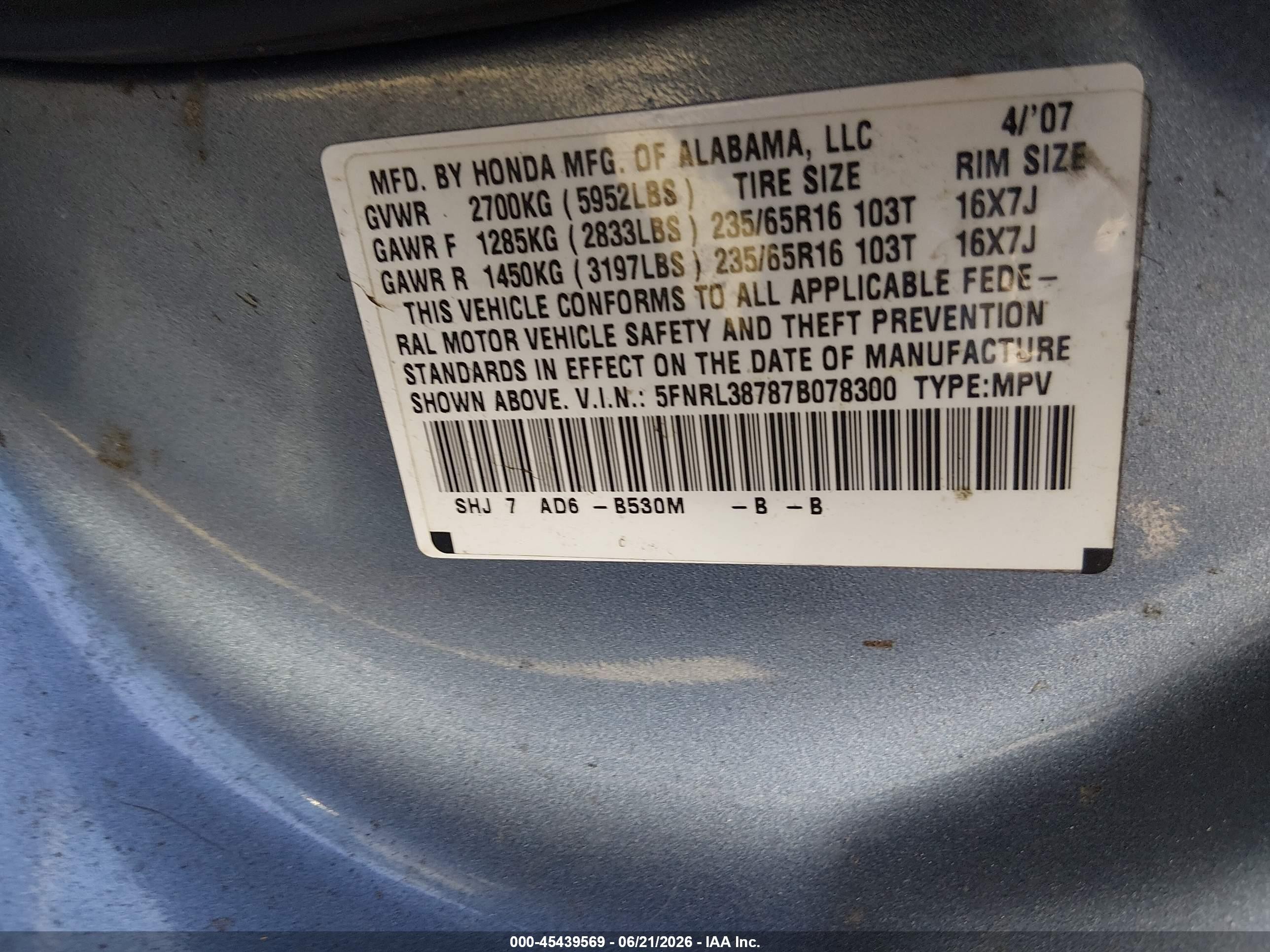 2007 Honda Odyssey Ex-l Blue vin: 5FNRL38787B078300