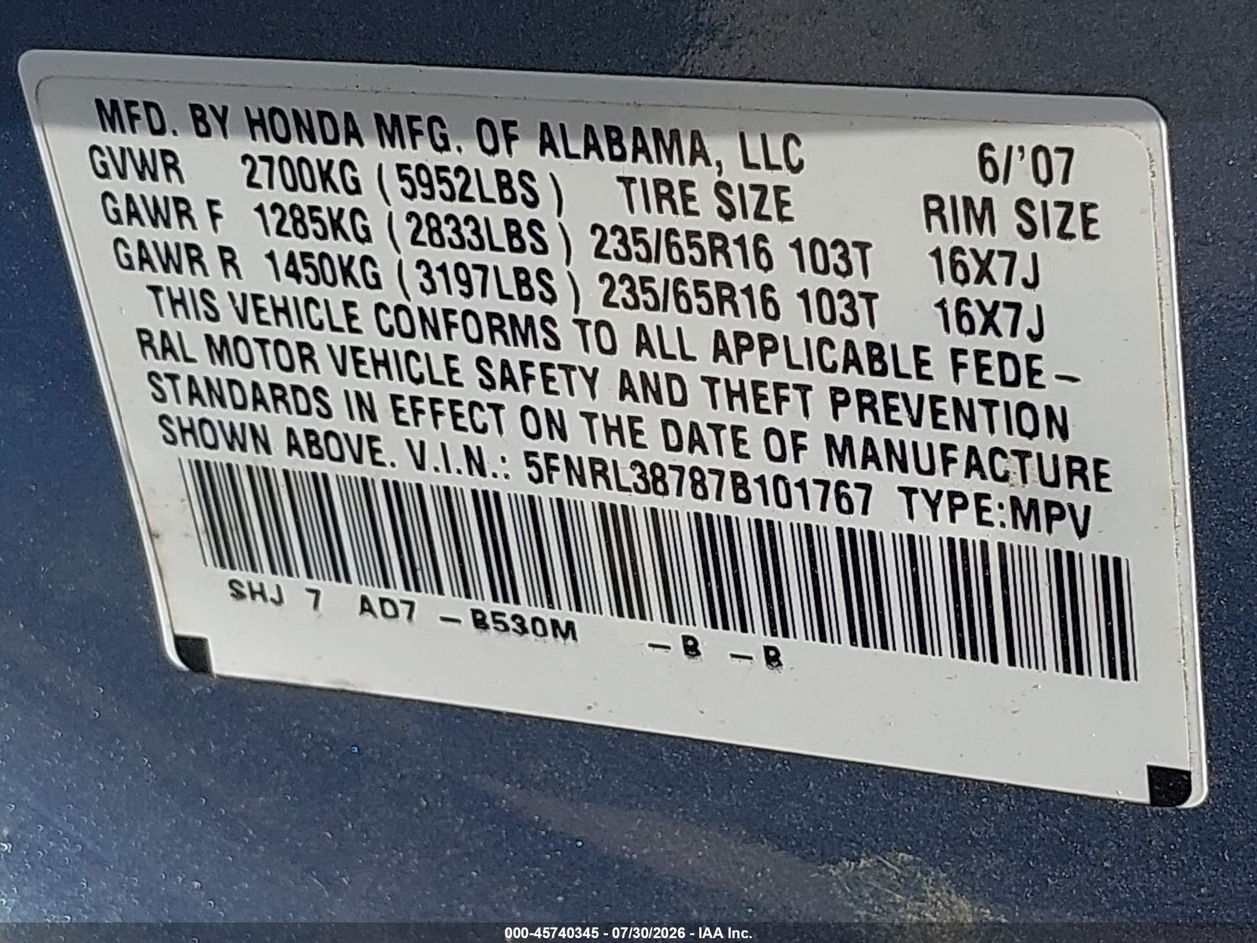 2007 Honda Odyssey Ex-l Light Blue vin: 5FNRL38787B101767