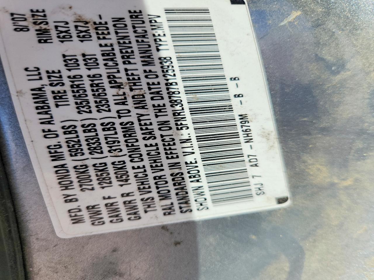 2007 Honda Odyssey Exl Silver vin: 5FNRL38787B125938