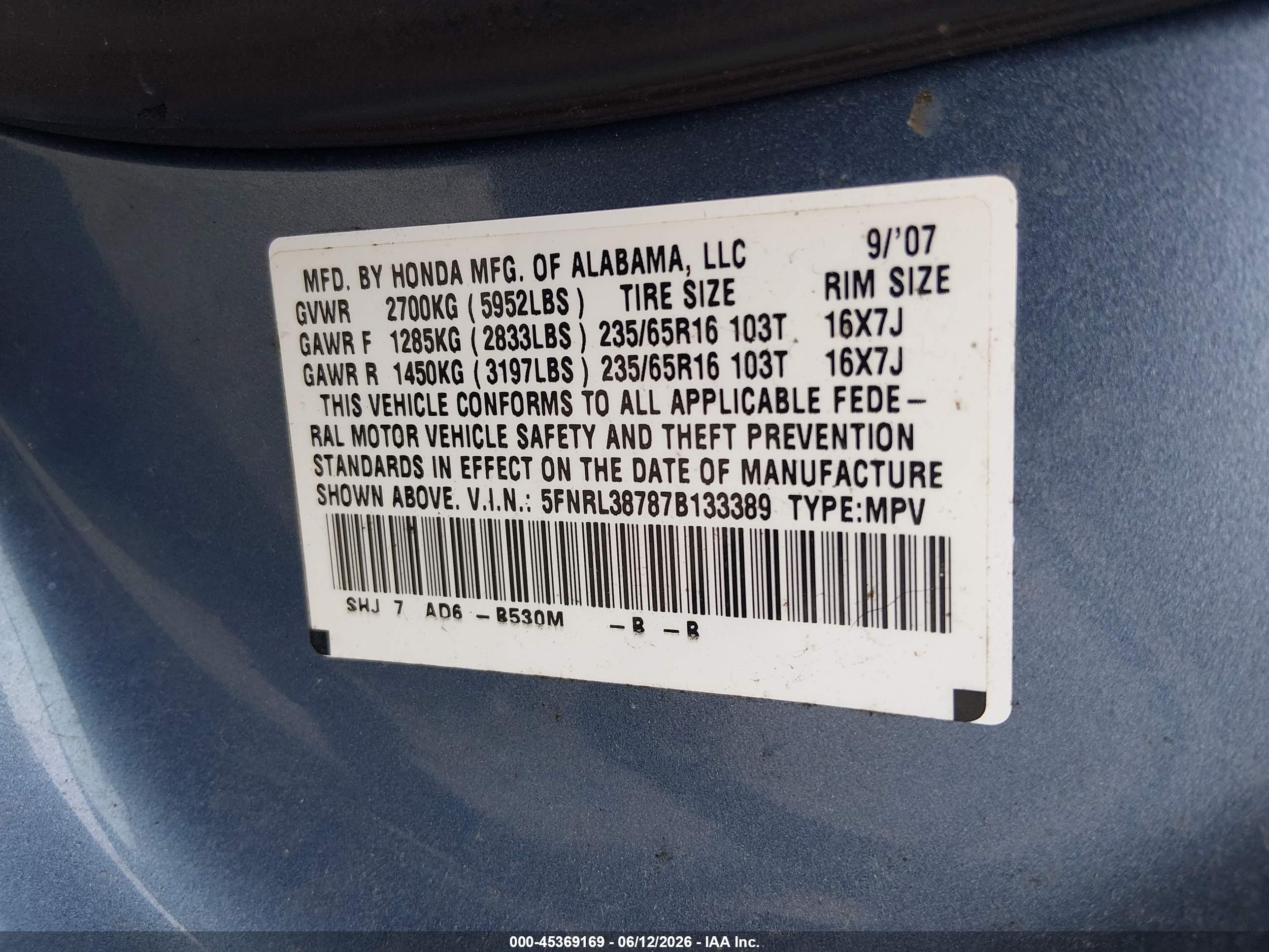 2007 Honda Odyssey Ex-l Light Blue vin: 5FNRL38787B133389