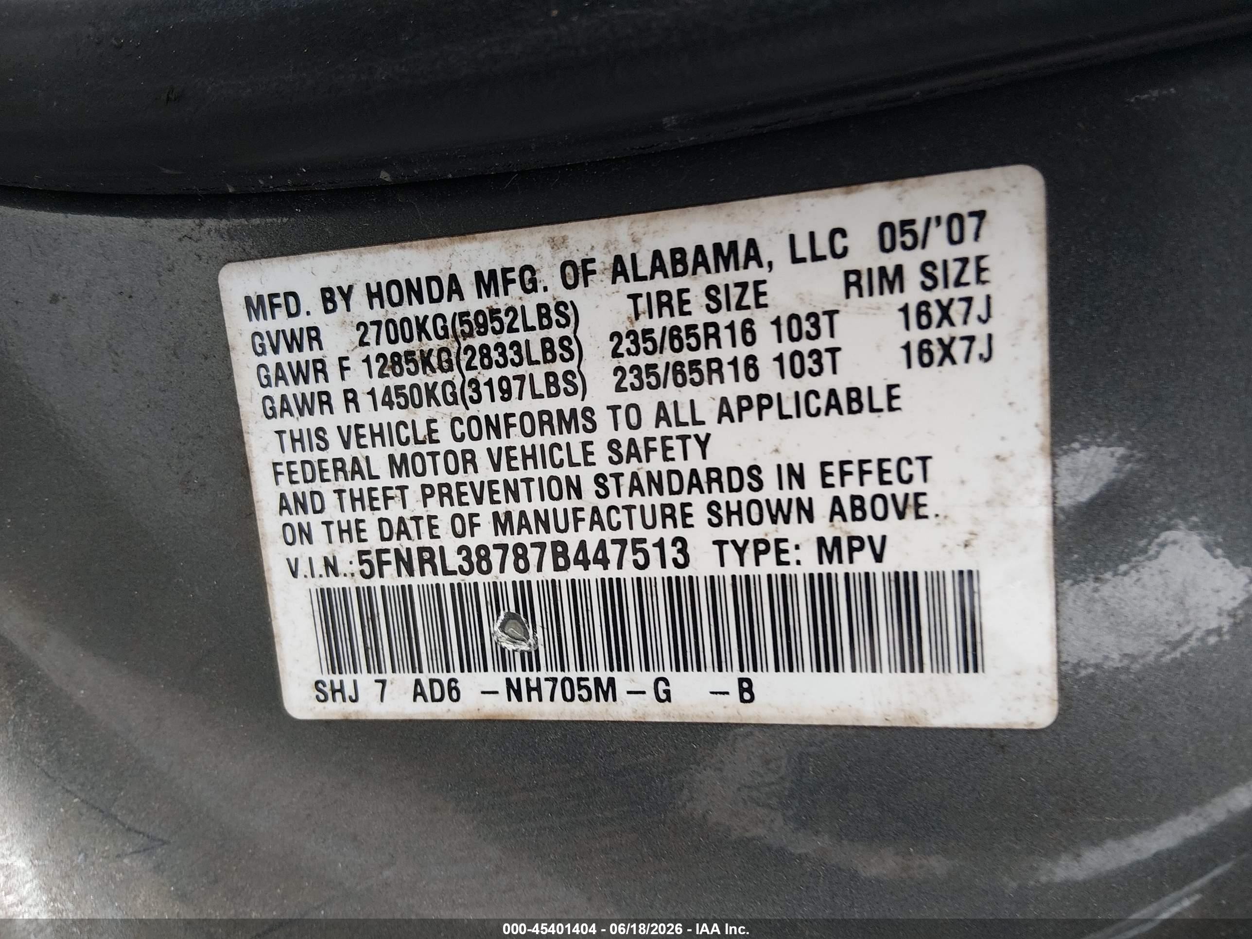 2007 Honda Odyssey Ex-l Gray vin: 5FNRL38787B447513