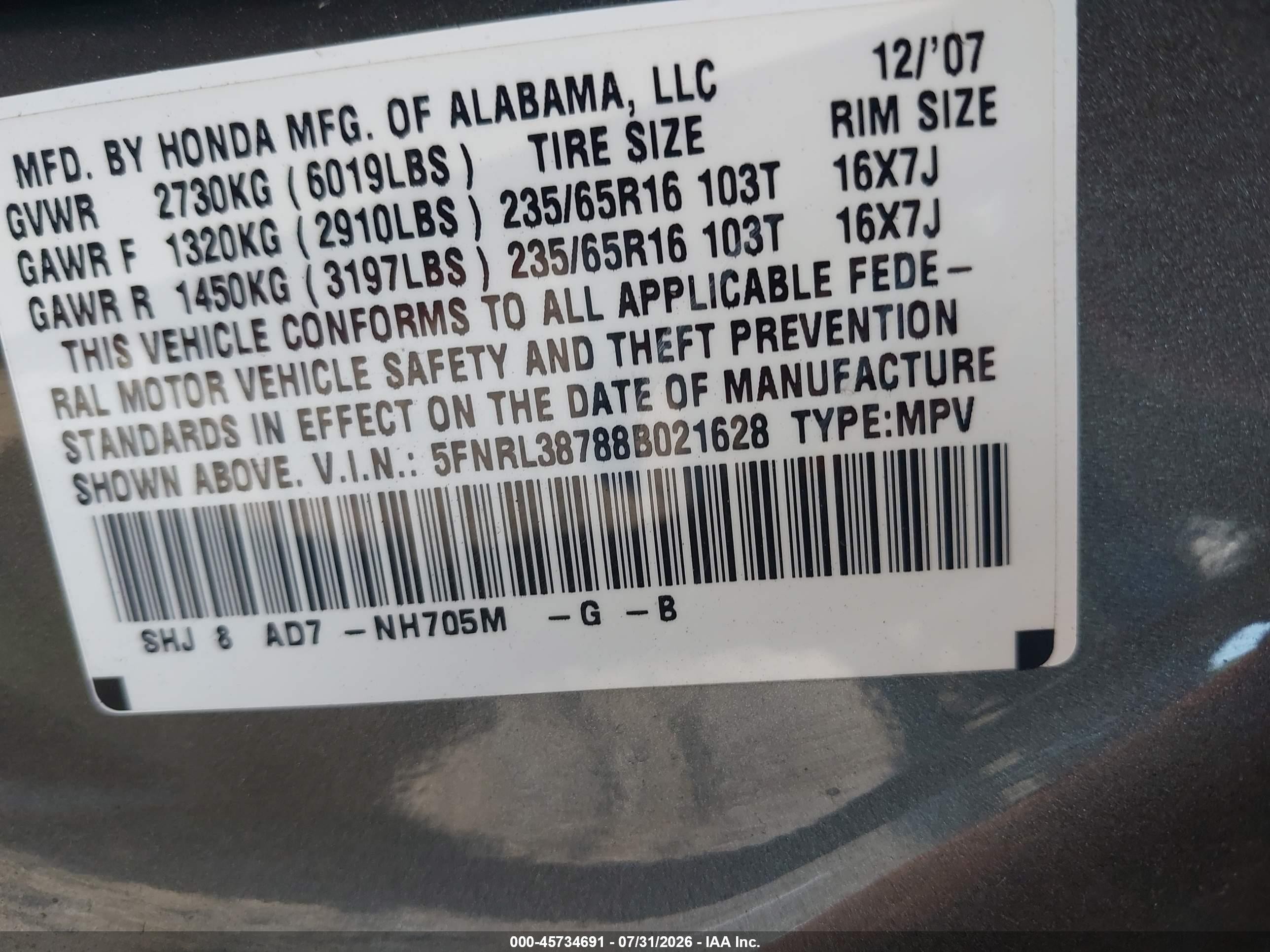 2008 Honda Odyssey Ex-l Gray vin: 5FNRL38788B021628