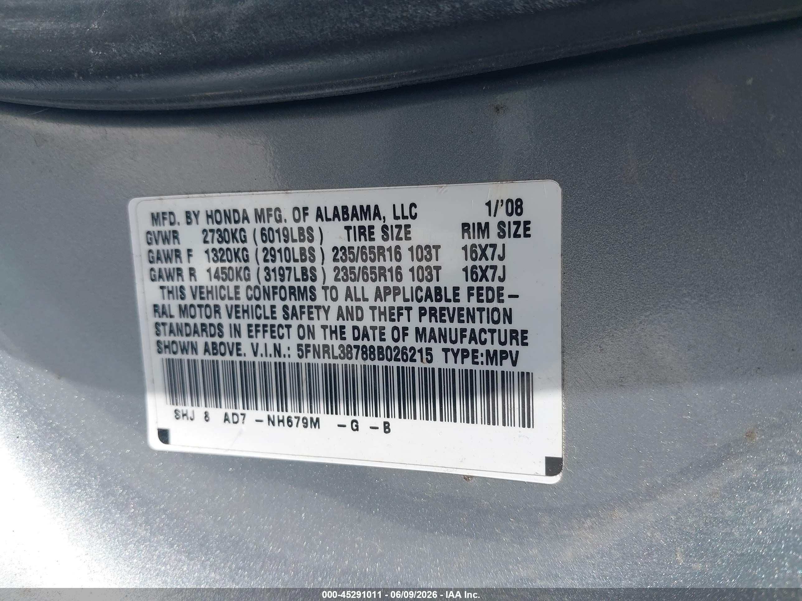 2008 Honda Odyssey Ex-l Silver vin: 5FNRL38788B026215