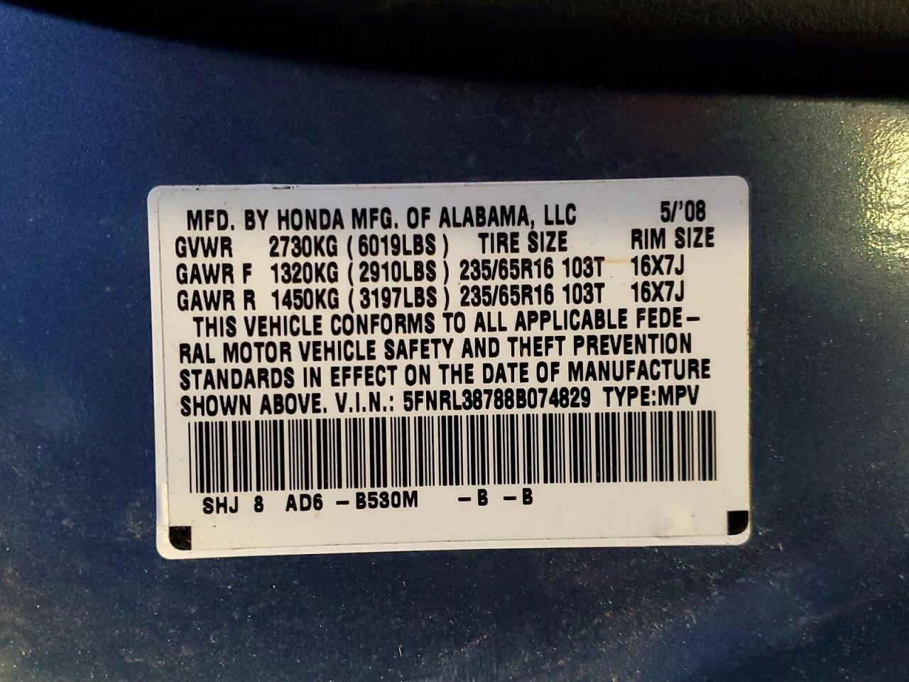 2008 Honda Odyssey Exl Blue vin: 5FNRL38788B074829