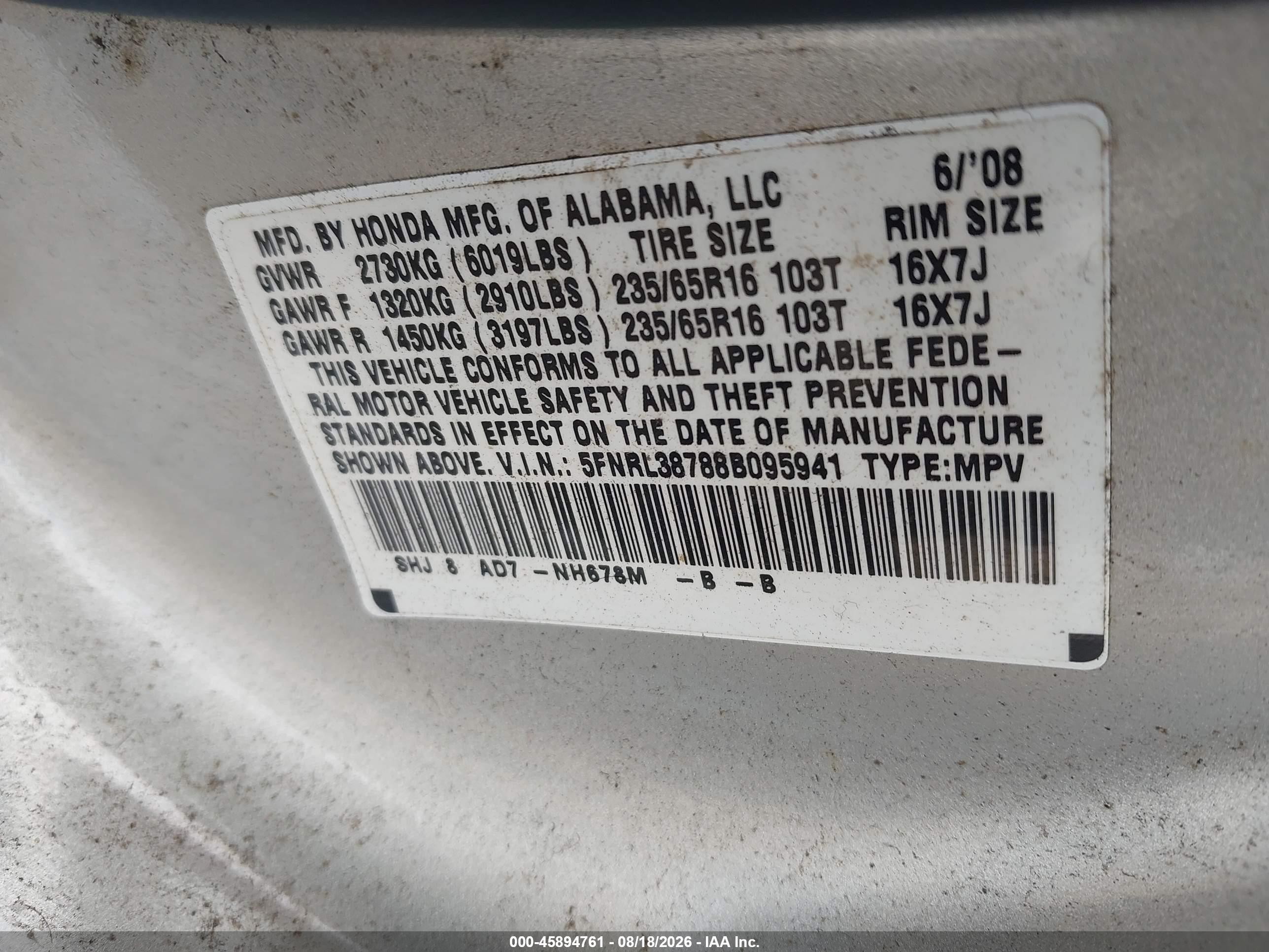 2008 Honda Odyssey Ex-l Gray vin: 5FNRL38788B095941