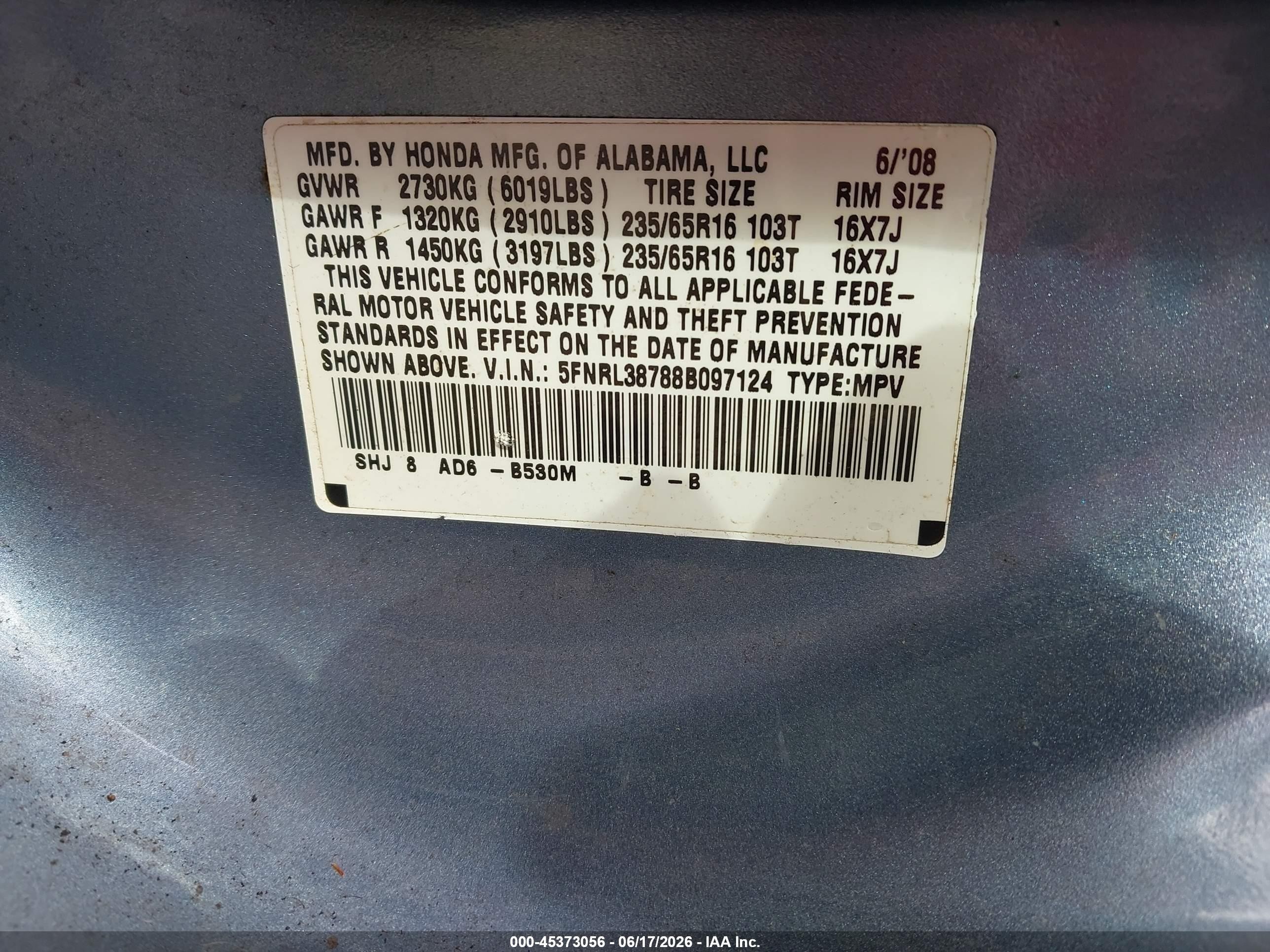 2008 Honda Odyssey Ex-l Blue vin: 5FNRL38788B097124