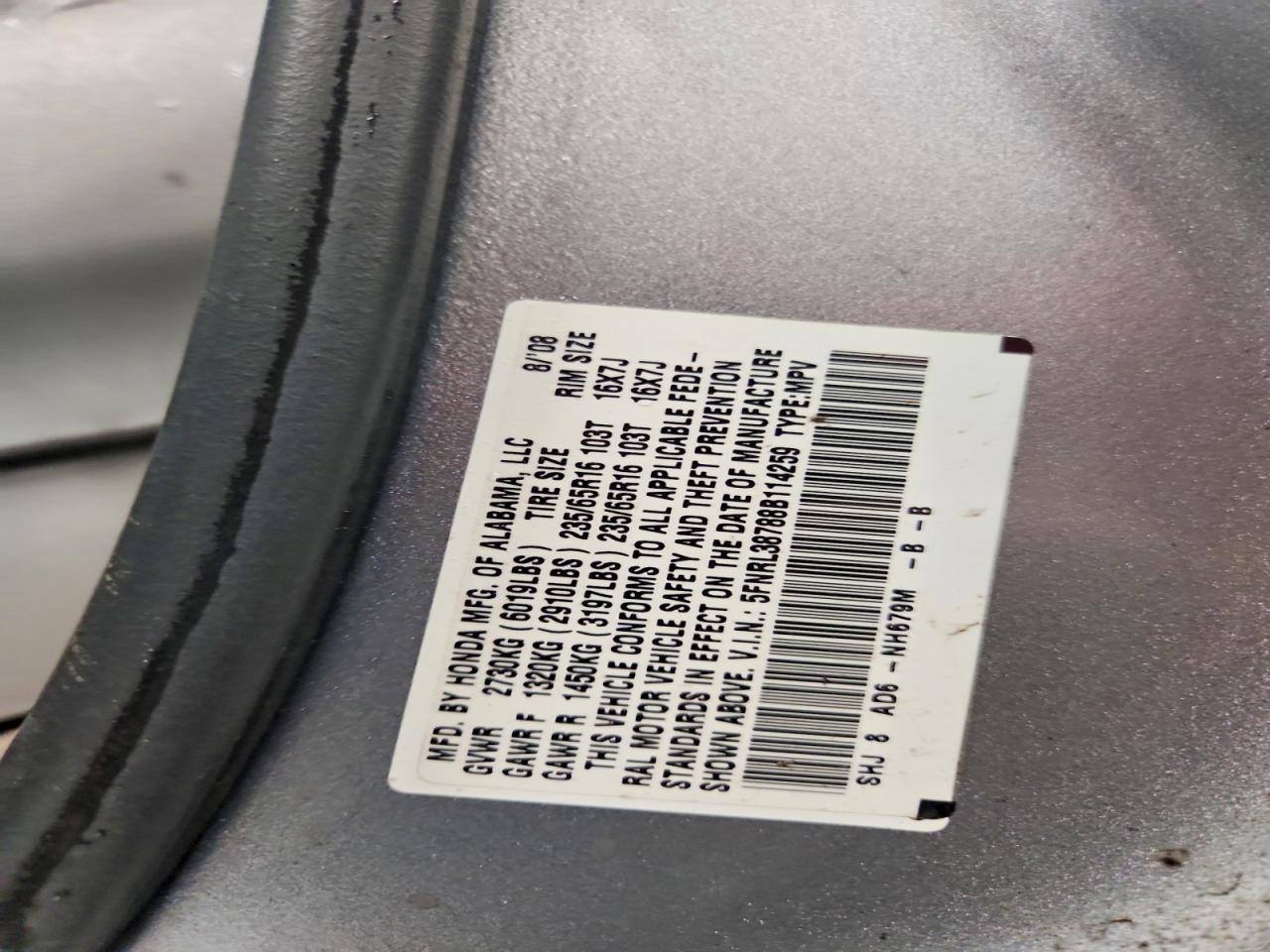 2008 Honda Odyssey Exl Silver vin: 5FNRL38788B114259