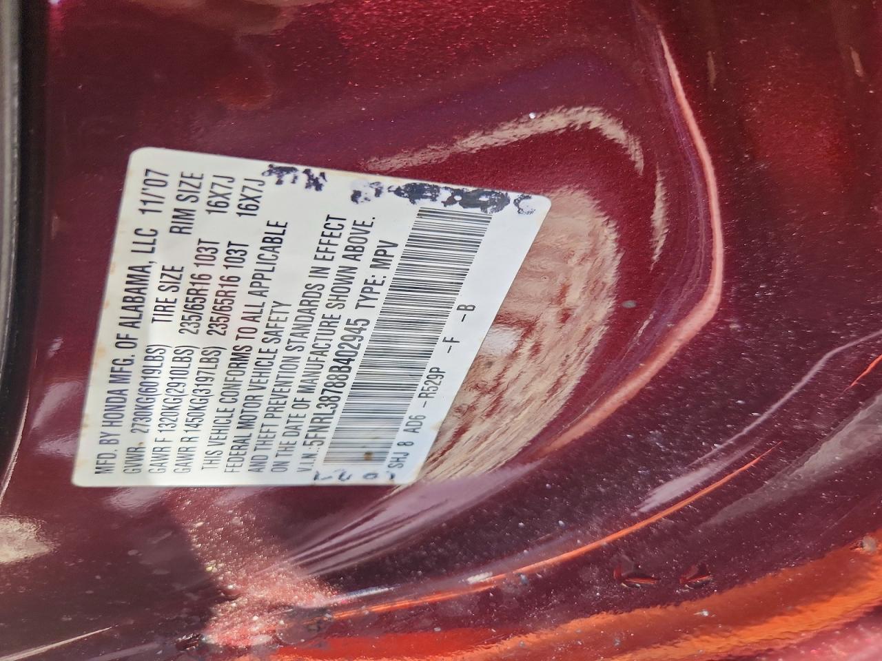 2008 Honda Odyssey Exl Burgundy vin: 5FNRL38788B402945