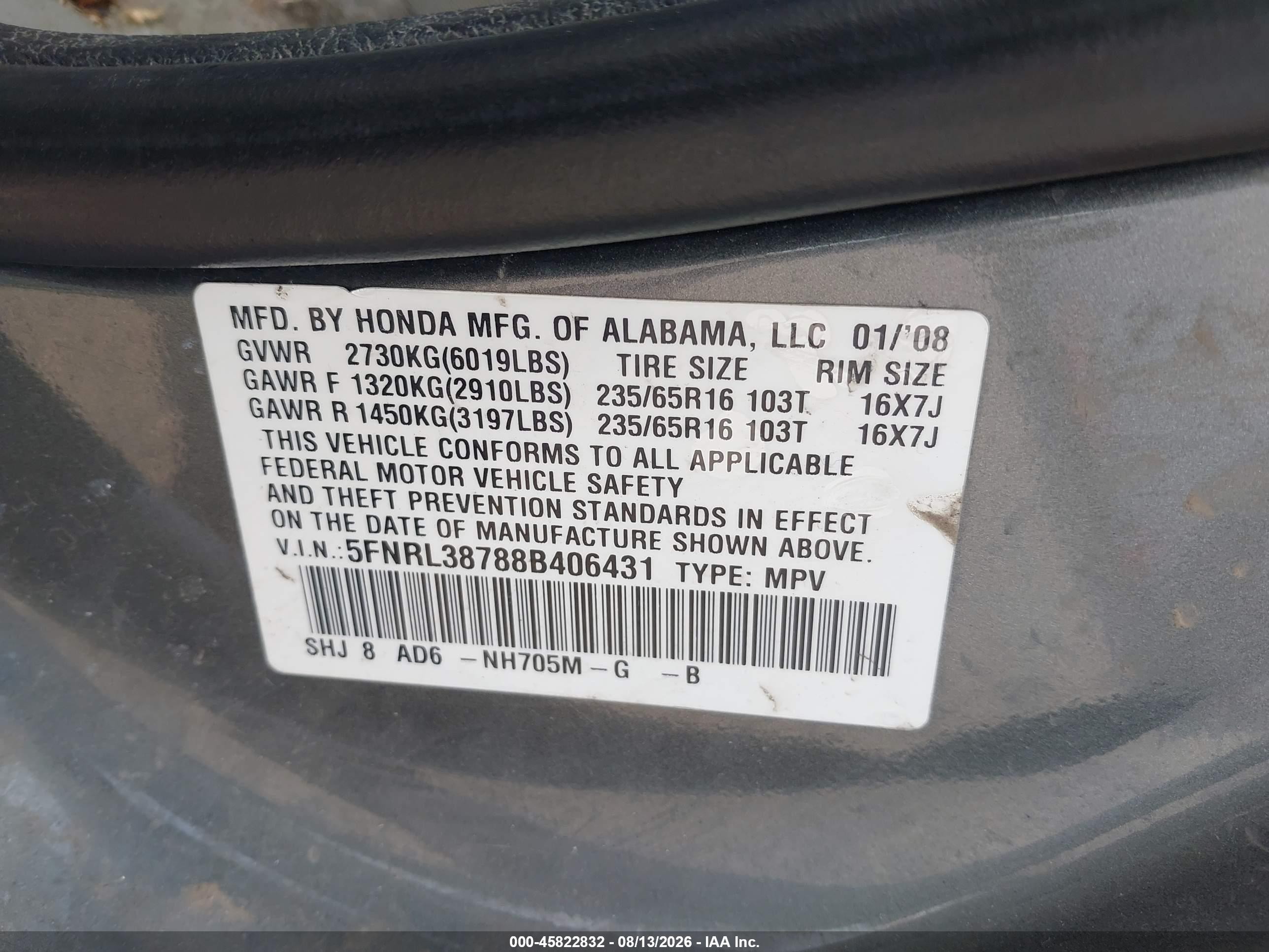 2008 Honda Odyssey Ex-l Gray vin: 5FNRL38788B406431