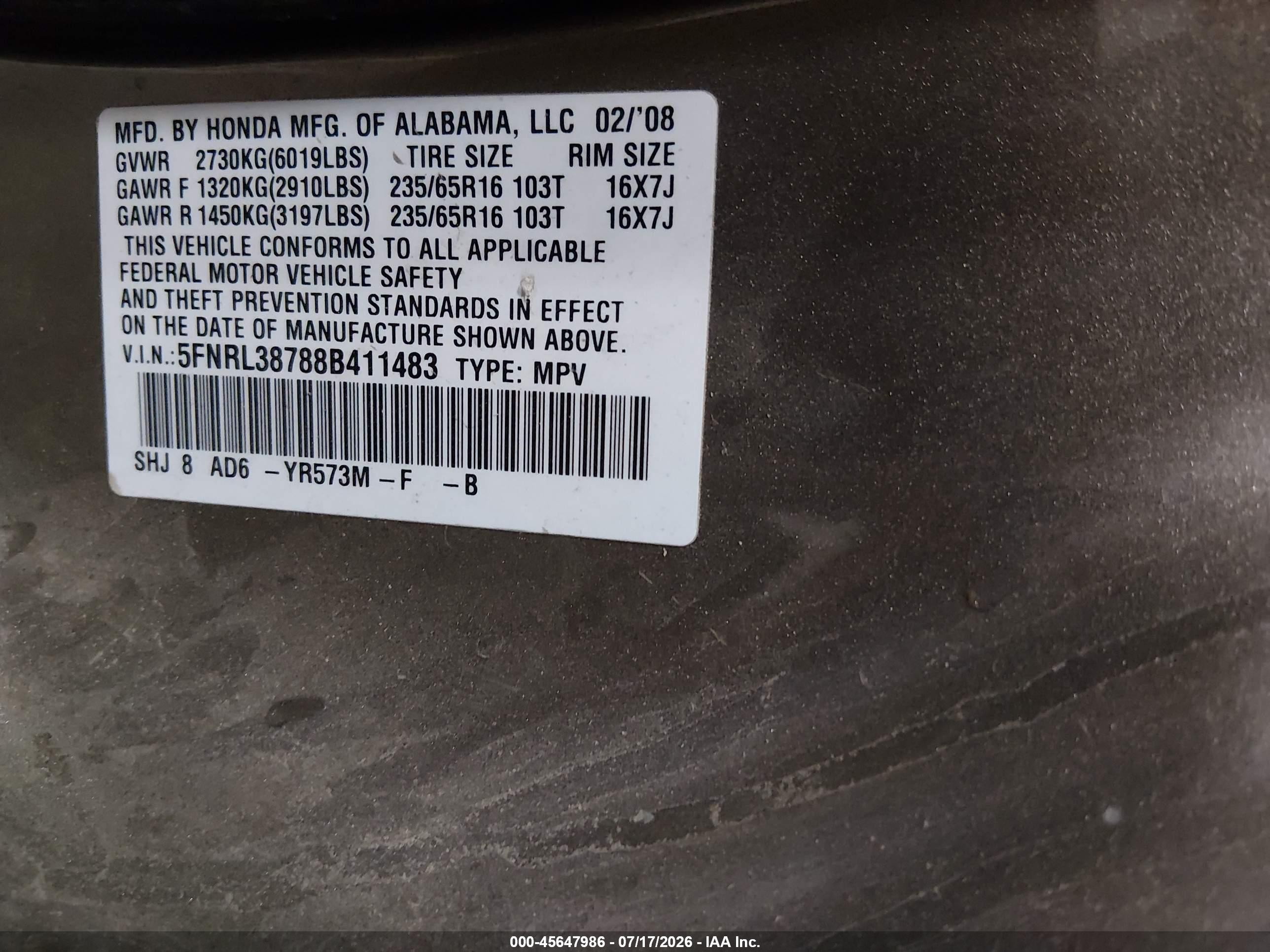 2008 Honda Odyssey Ex-l Золотой vin: 5FNRL38788B411483