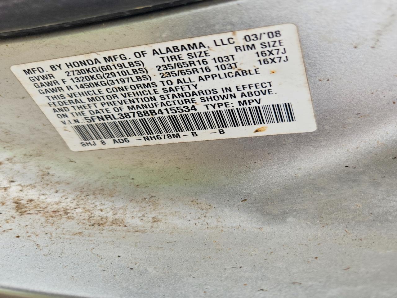 2008 Honda Odyssey Exl Gray vin: 5FNRL38788B415534