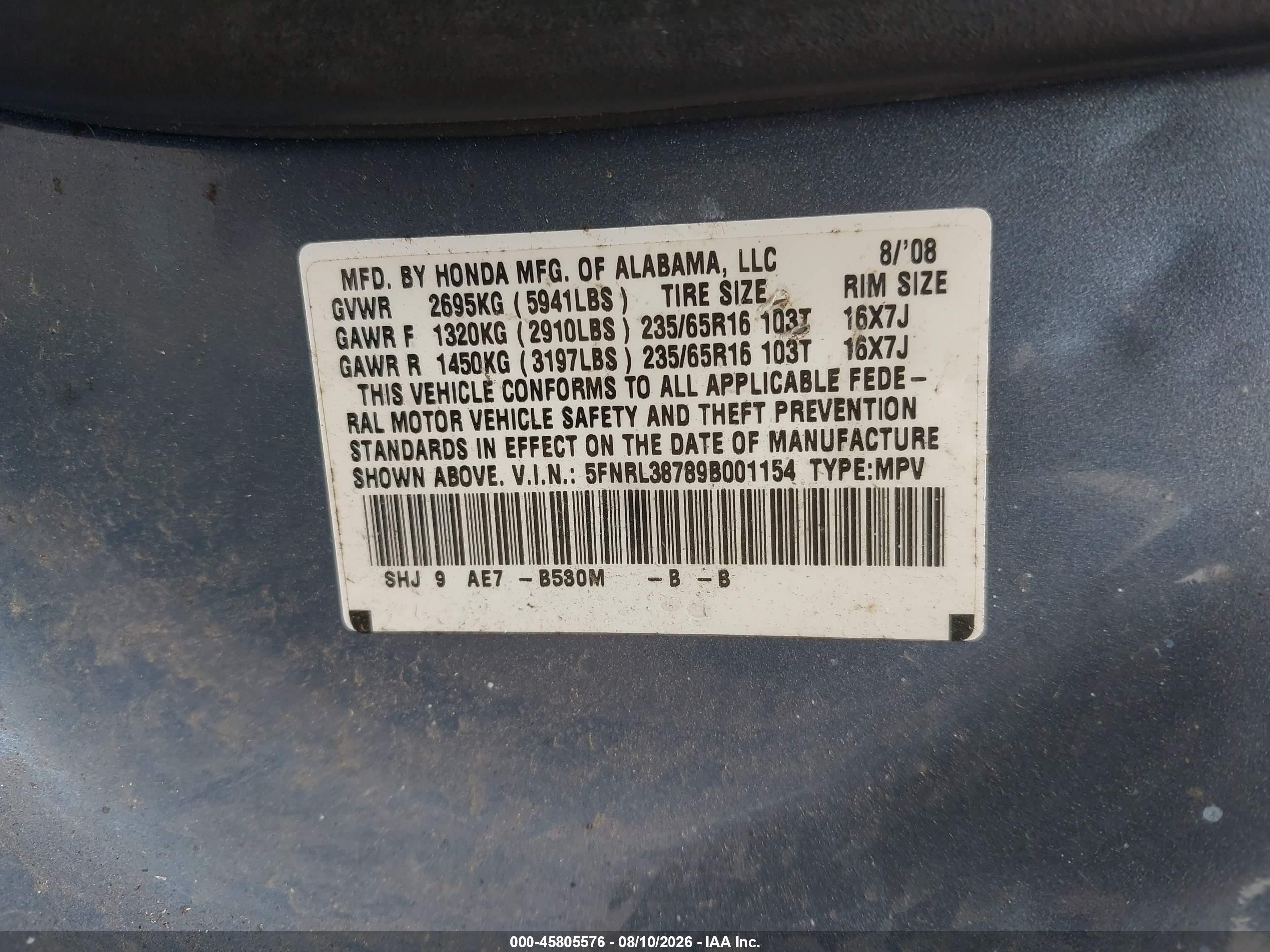 2009 Honda Odyssey Ex-l Light Blue vin: 5FNRL38789B001154