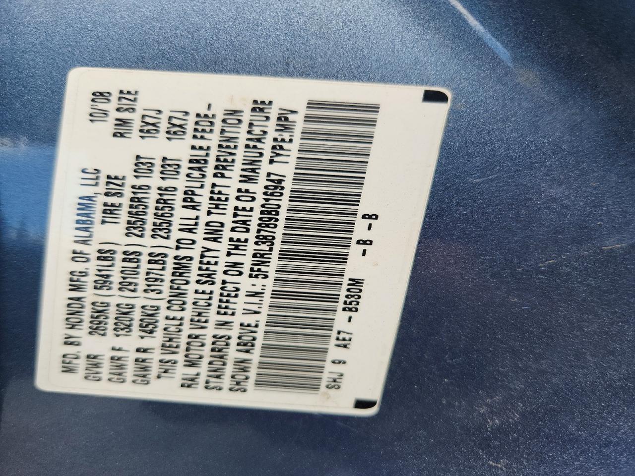 2009 Honda Odyssey Exl Blue vin: 5FNRL38789B016947