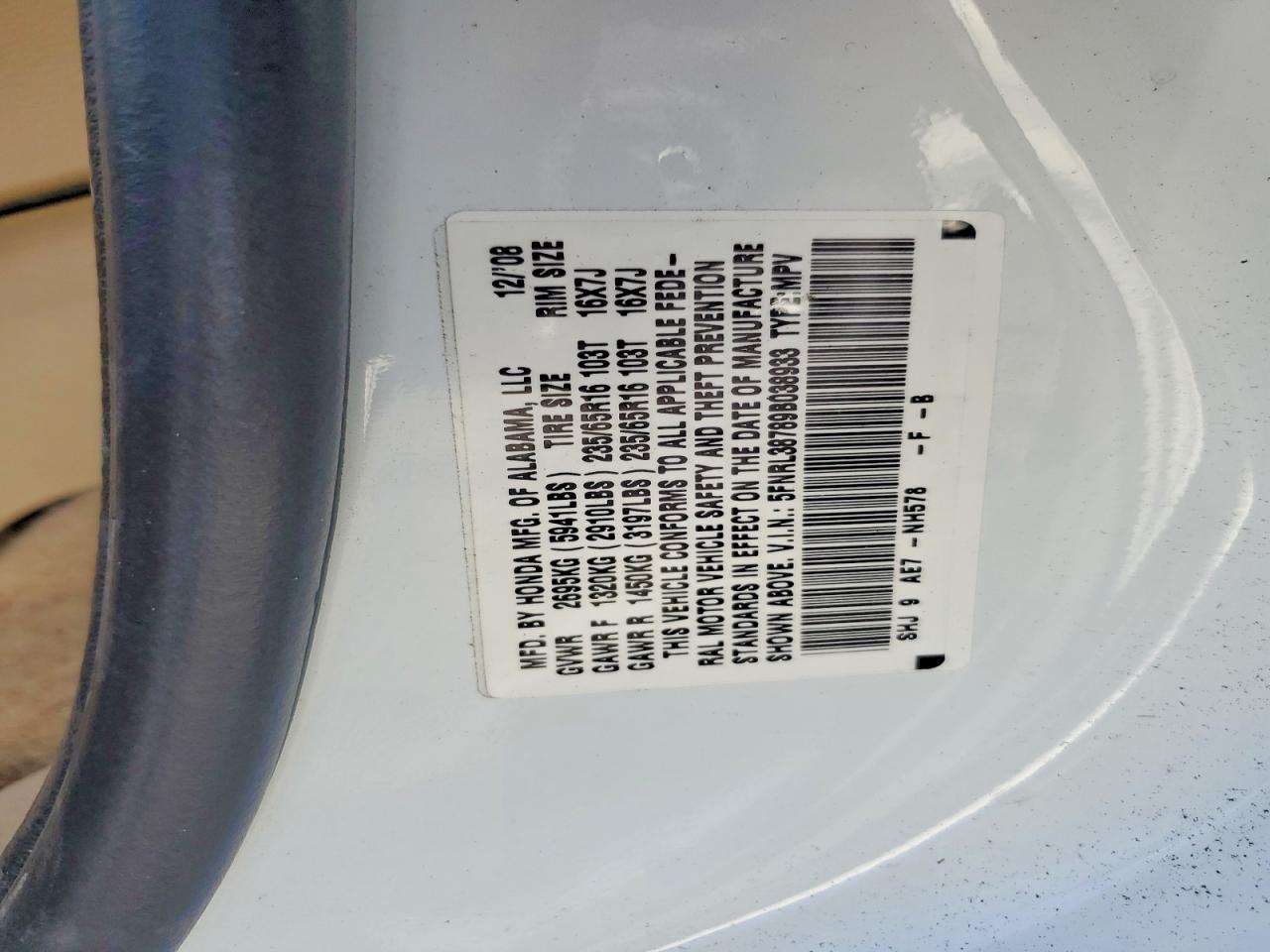 2009 Honda Odyssey Exl White vin: 5FNRL38789B038933