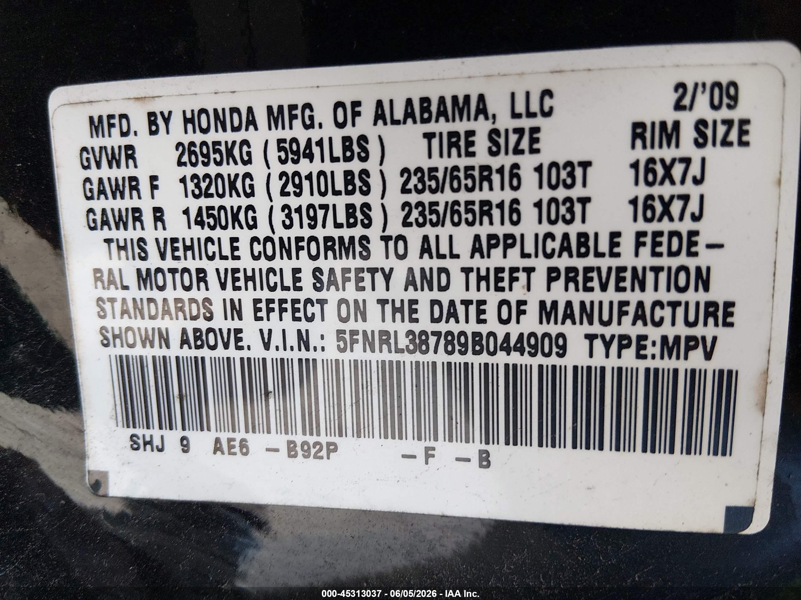 2009 Honda Odyssey Ex-l Black vin: 5FNRL38789B044909