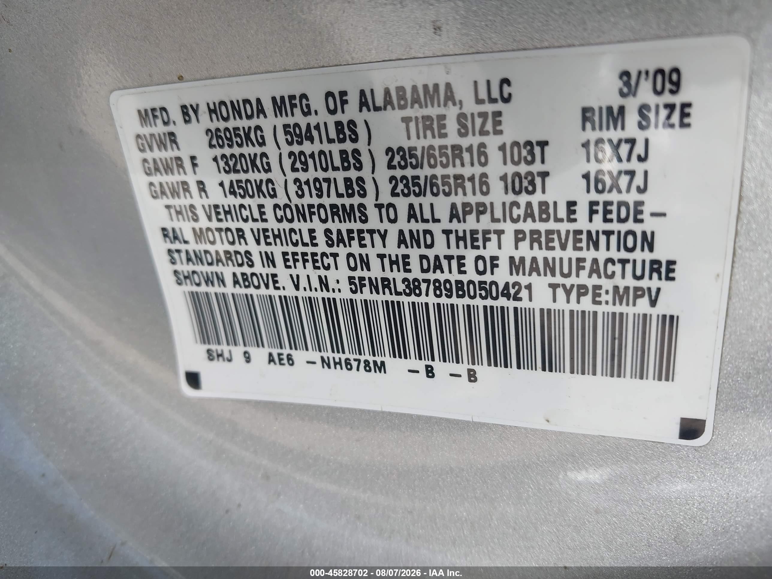 2009 Honda Odyssey Ex-l Silver vin: 5FNRL38789B050421
