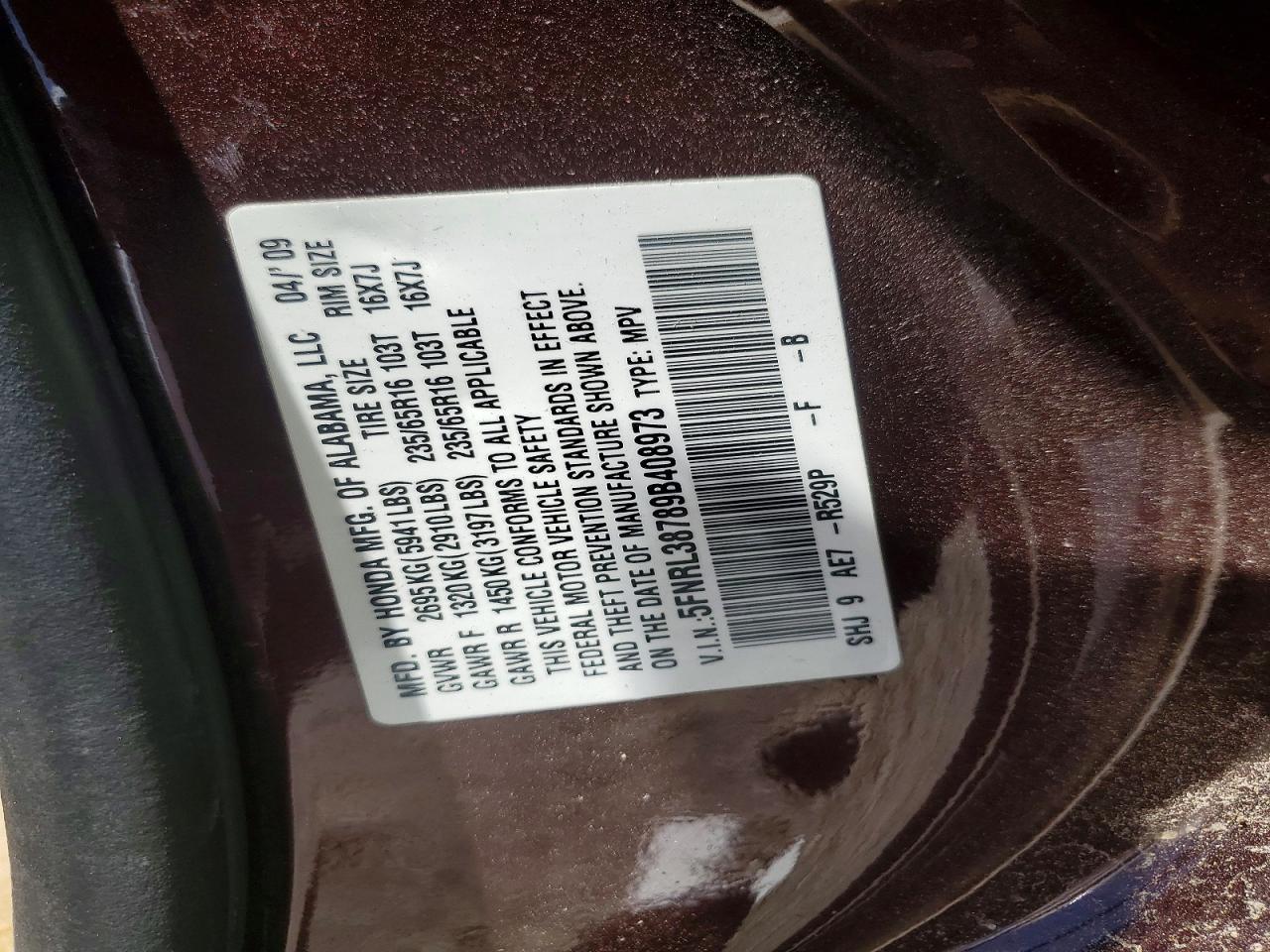 2009 Honda Odyssey Exl Burgundy vin: 5FNRL38789B408973