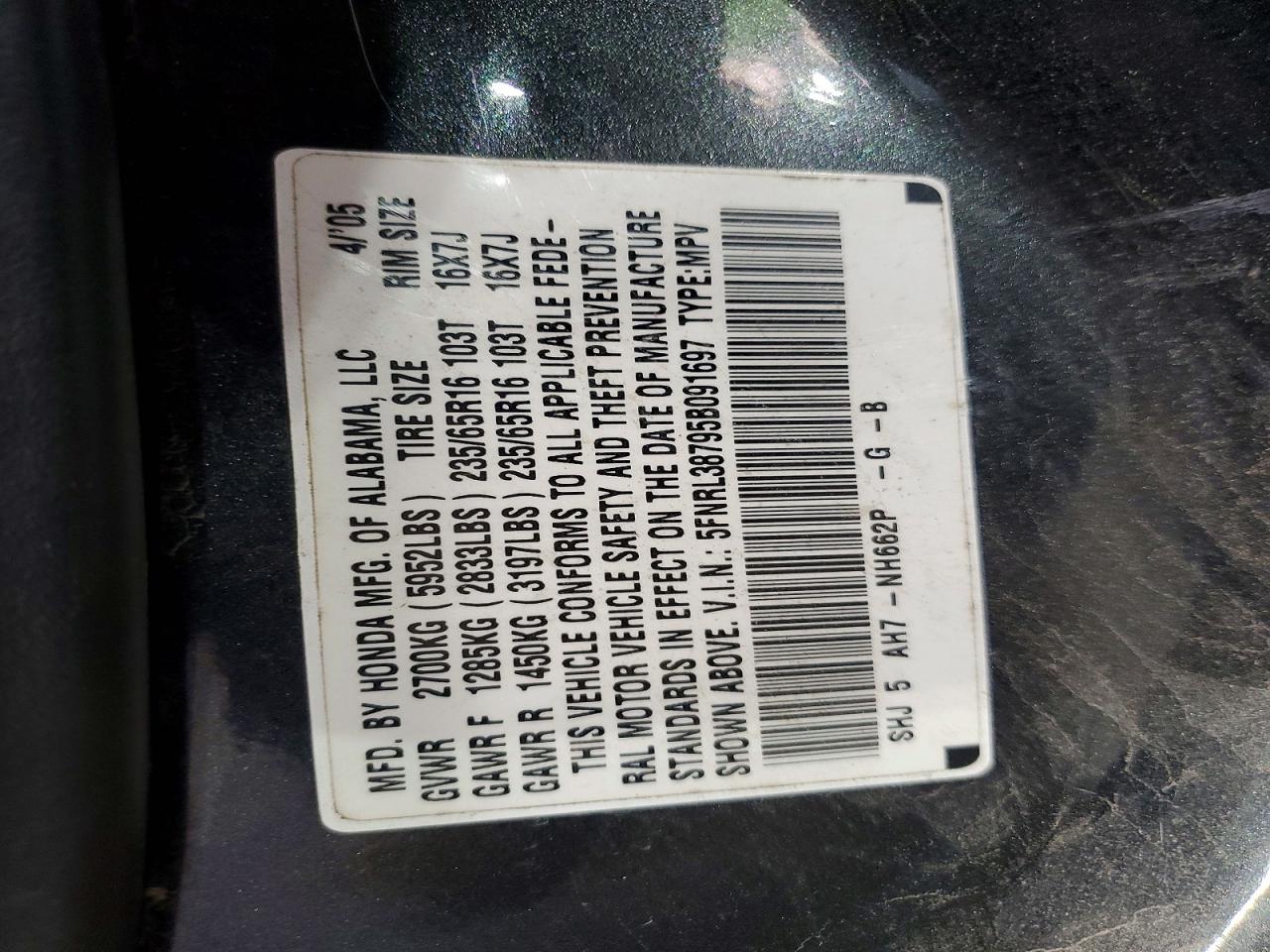 2005 Honda Odyssey Exl Серый vin: 5FNRL38795B091697