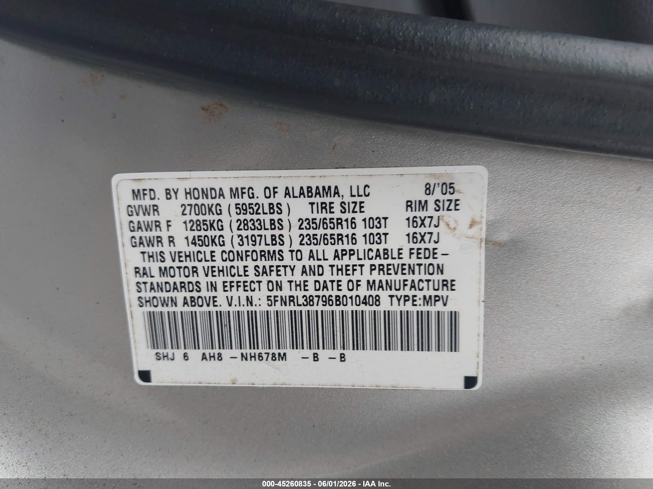 2006 Honda Odyssey Ex-l Beige vin: 5FNRL38796B010408