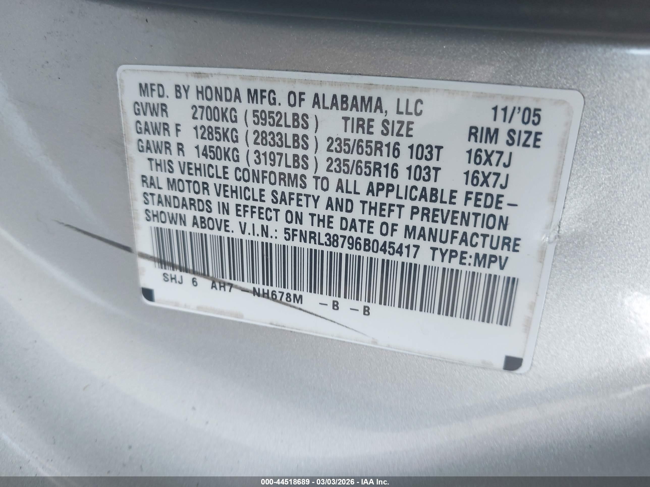 2006 Honda Odyssey Ex-l Серый vin: 5FNRL38796B045417