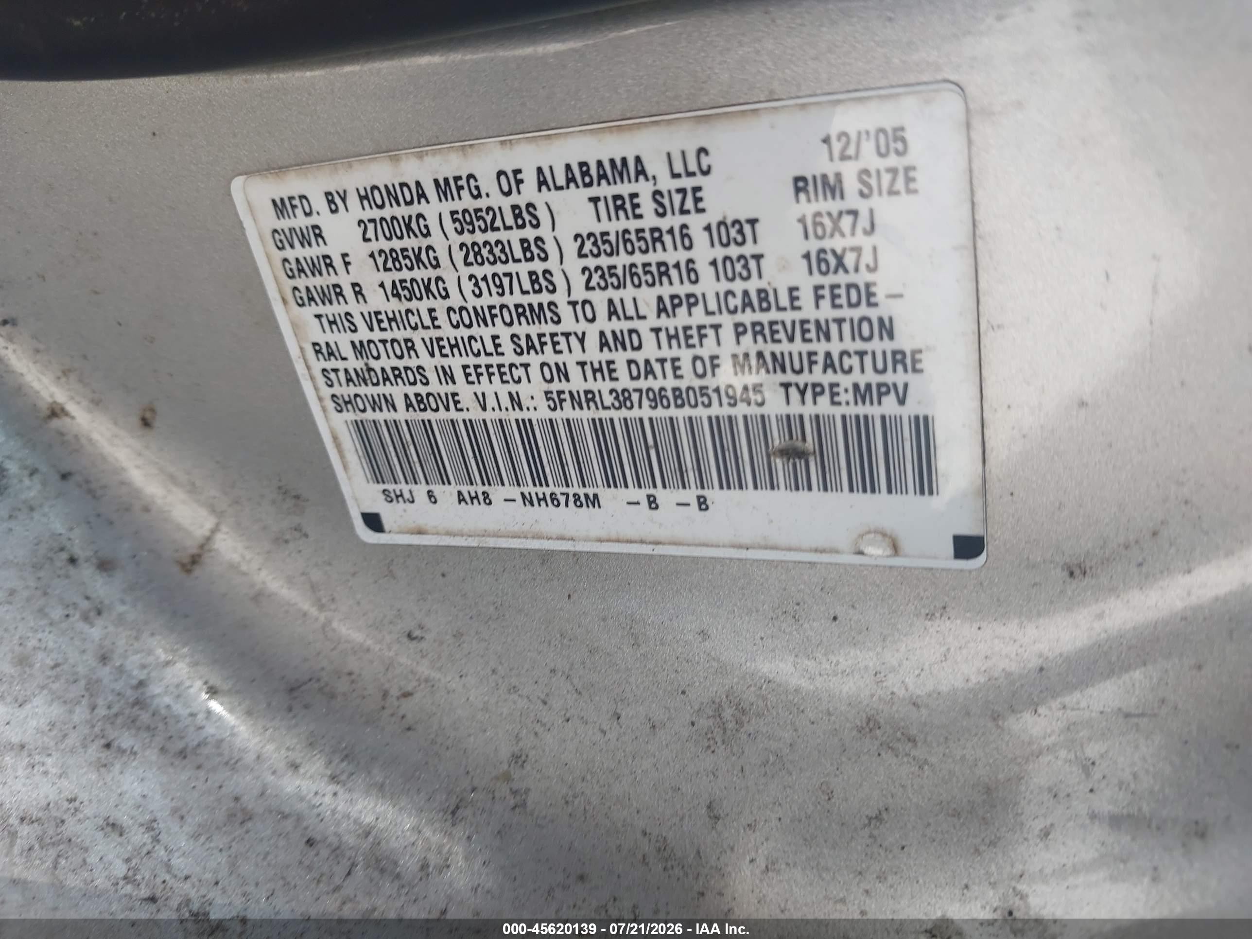2006 Honda Odyssey Ex-l Brown vin: 5FNRL38796B051945