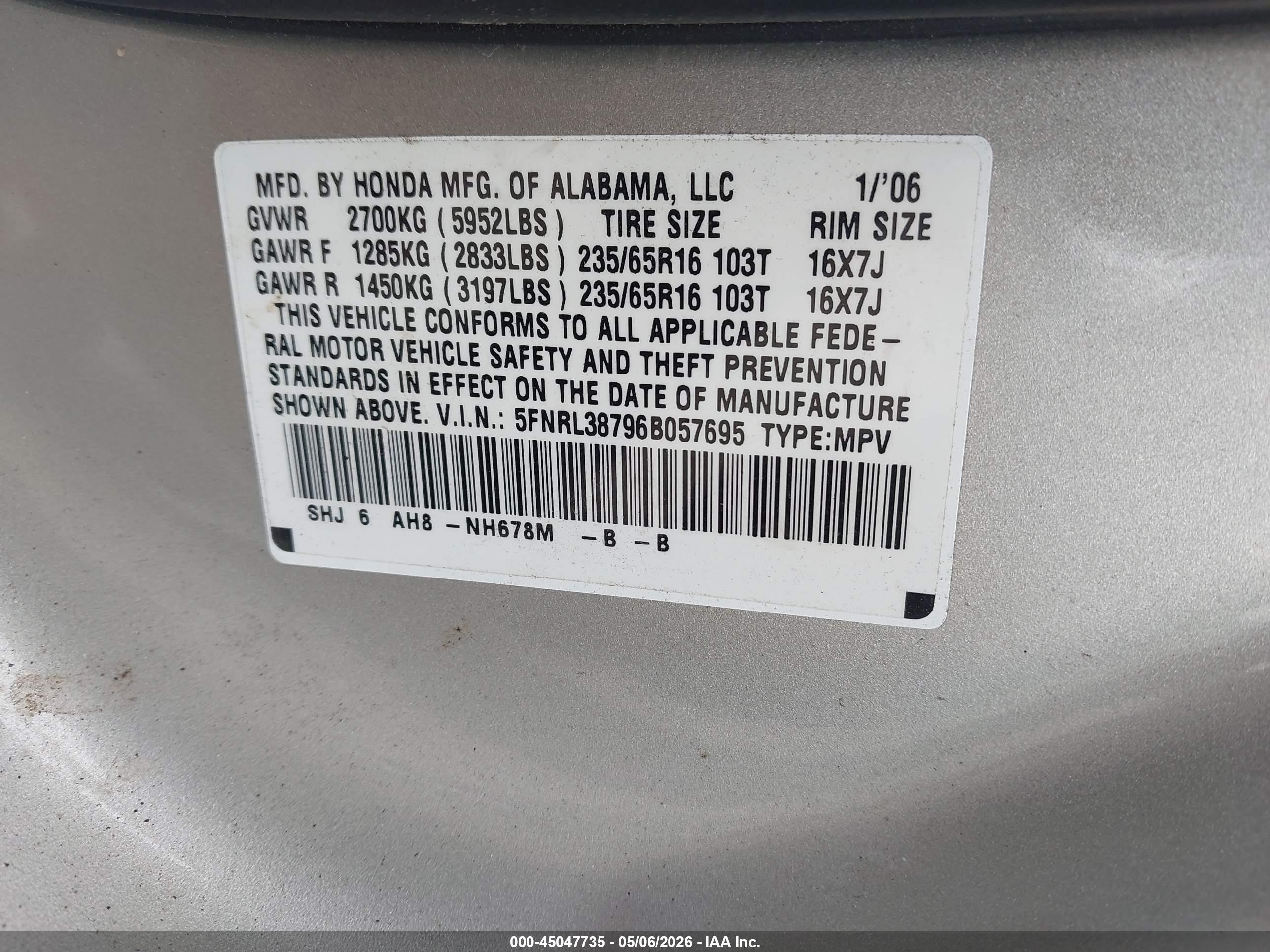 2006 Honda Odyssey Ex-l Серый vin: 5FNRL38796B057695