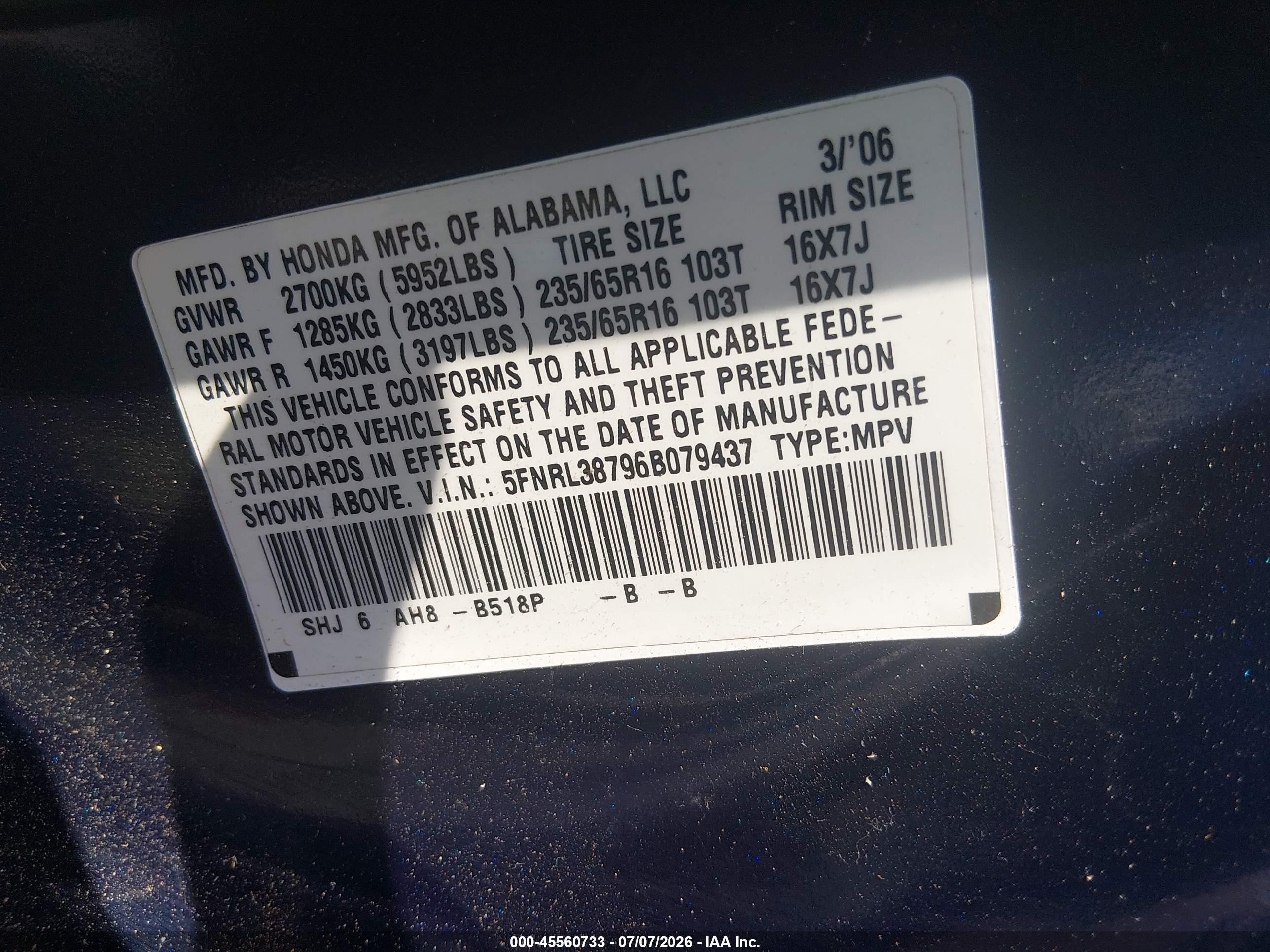 2006 Honda Odyssey Ex-l Blue vin: 5FNRL38796B079437