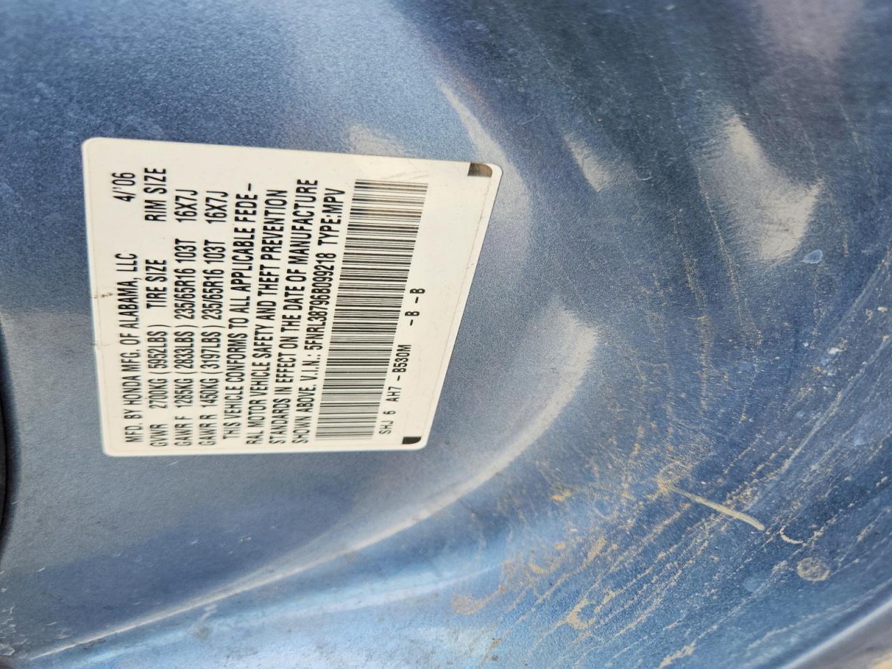 2006 Honda Odyssey Exl Blue vin: 5FNRL38796B099218