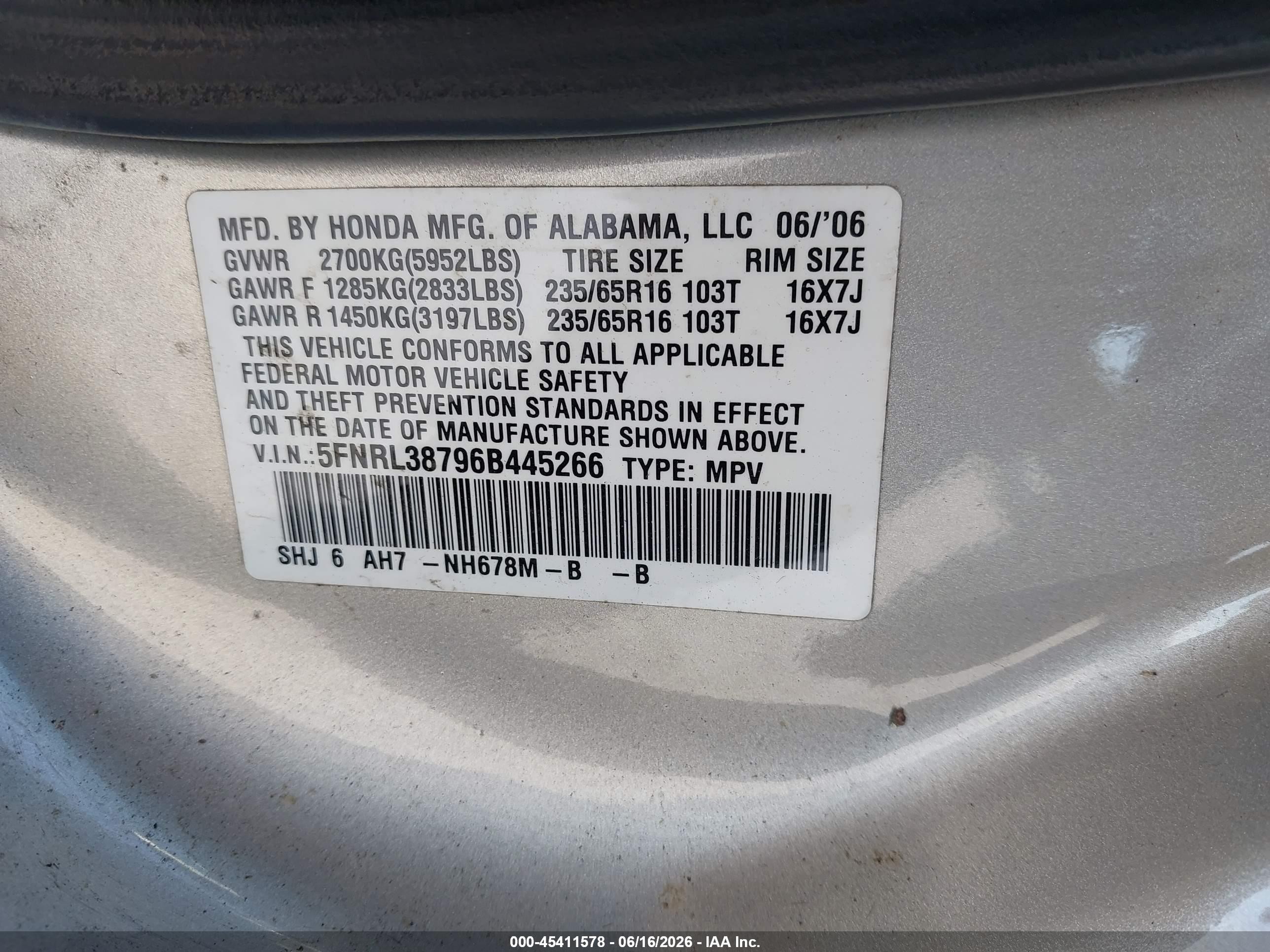 2006 Honda Odyssey Ex-l Серебряный vin: 5FNRL38796B445266