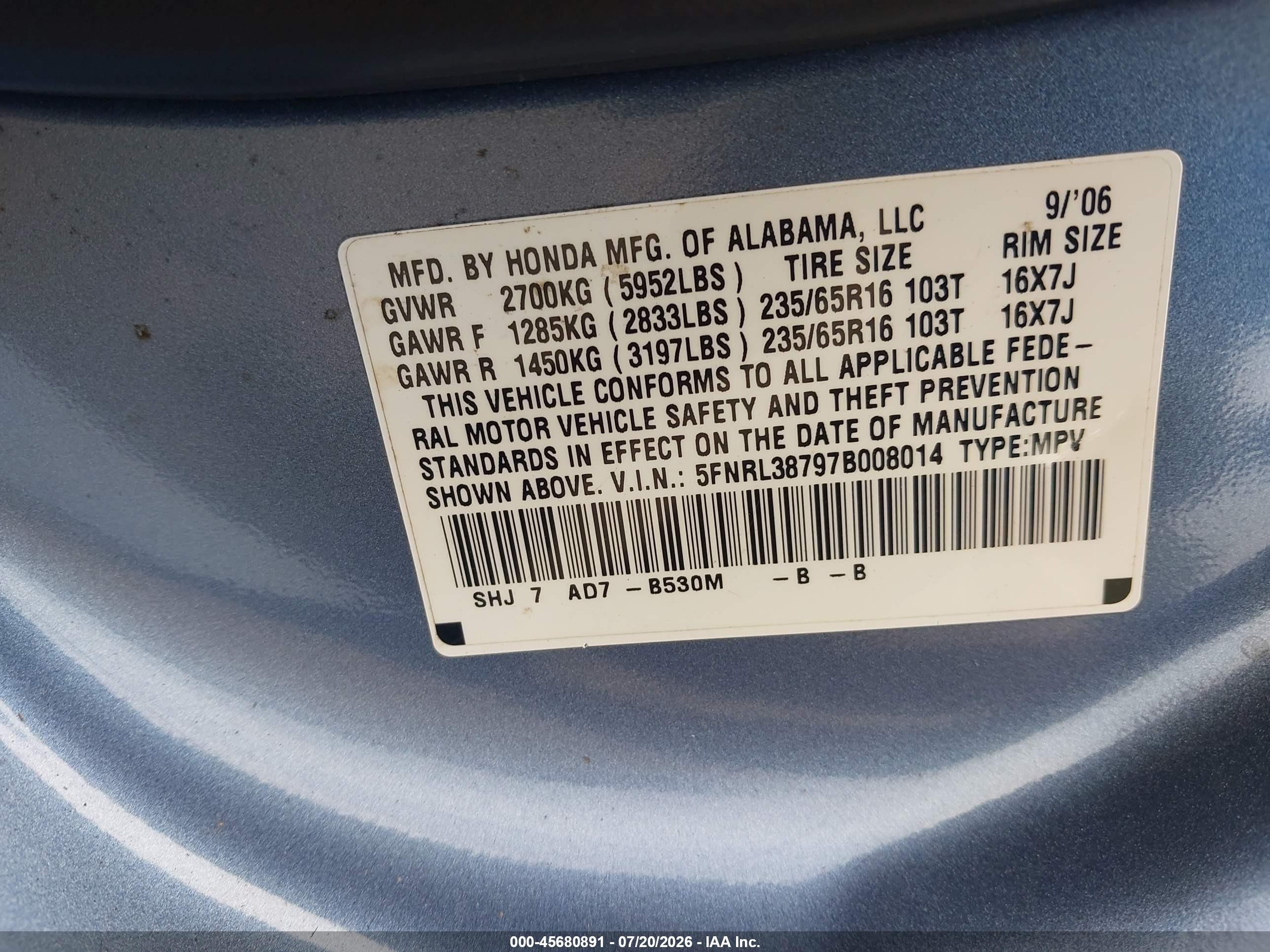 2007 Honda Odyssey Ex-l Blue vin: 5FNRL38797B008014