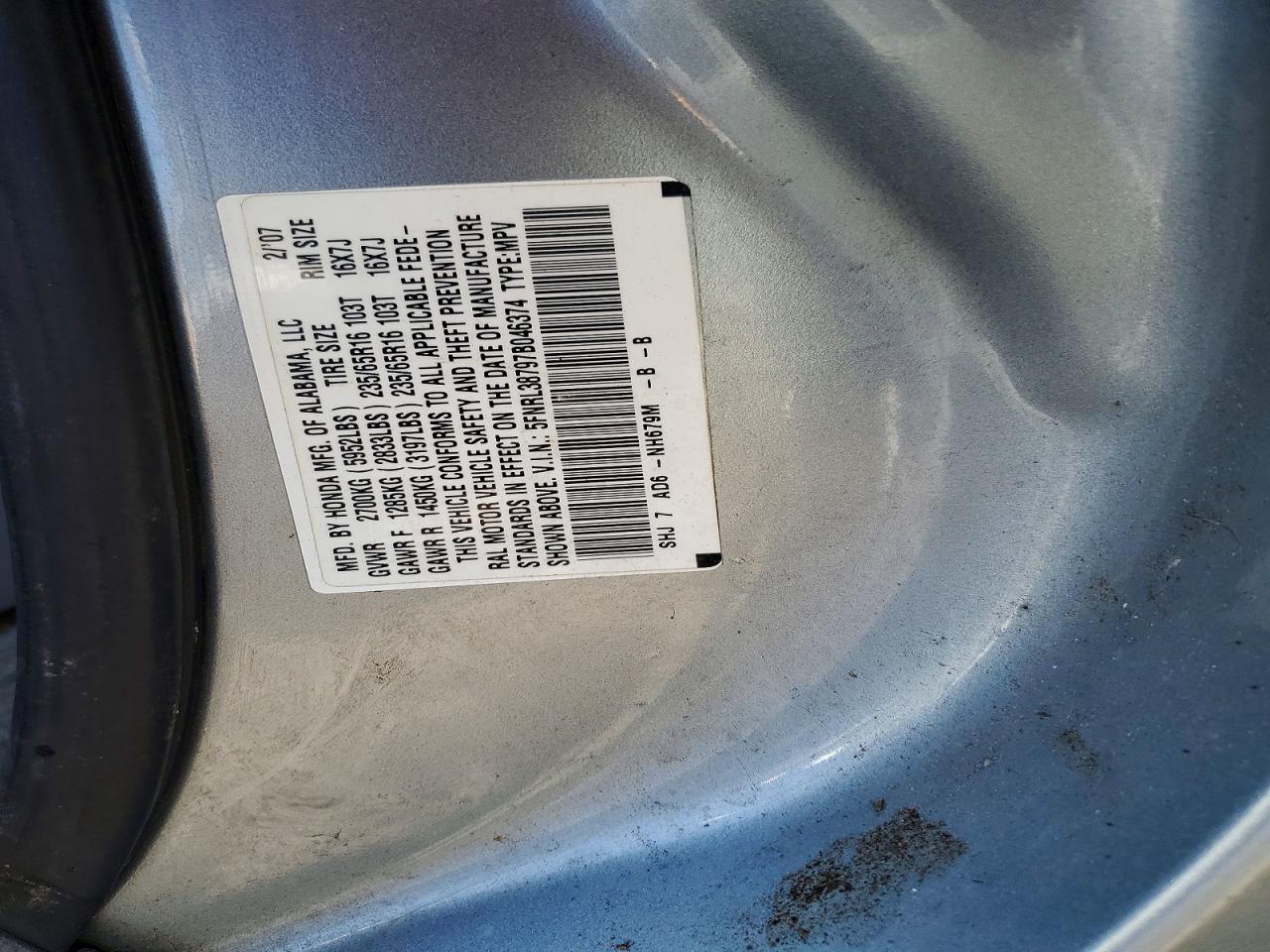 2007 Honda Odyssey Exl Silver vin: 5FNRL38797B046374