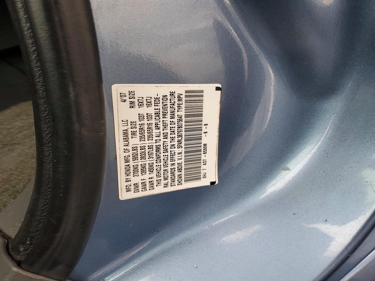 2007 Honda Odyssey Exl Blue vin: 5FNRL38797B075647