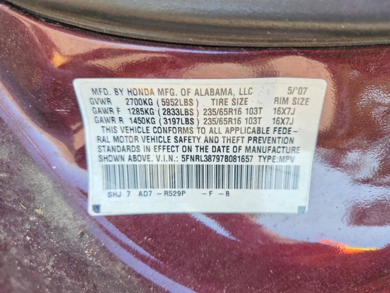 2007 Honda Odyssey Exl Maroon vin: 5FNRL38797B081657