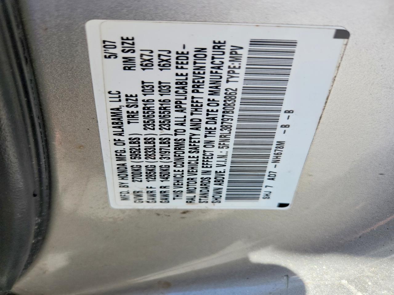 2007 Honda Odyssey Silver vin: 5FNRL38797B083862
