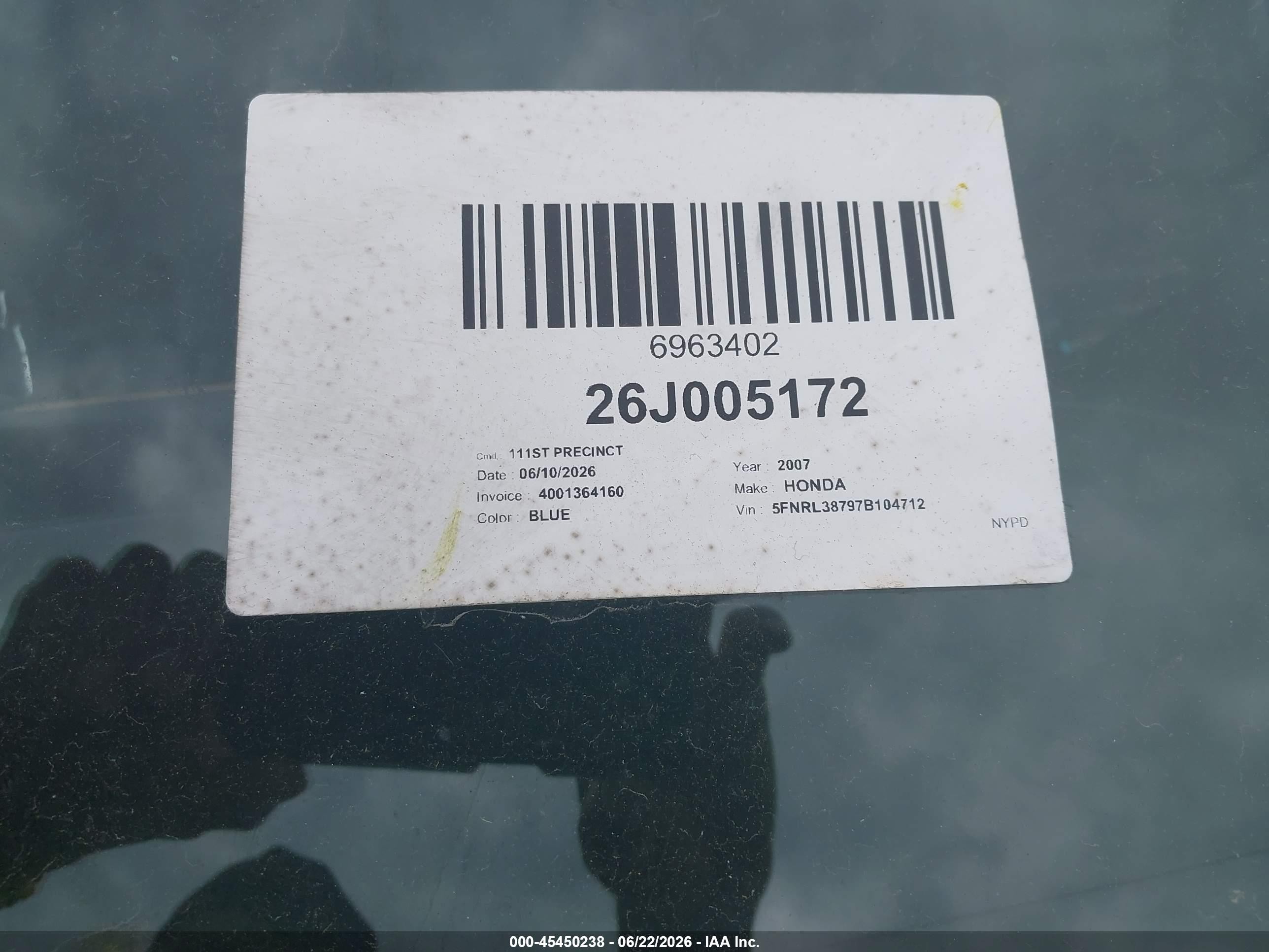2007 Honda Odyssey Ex-l Blue vin: 5FNRL38797B104712