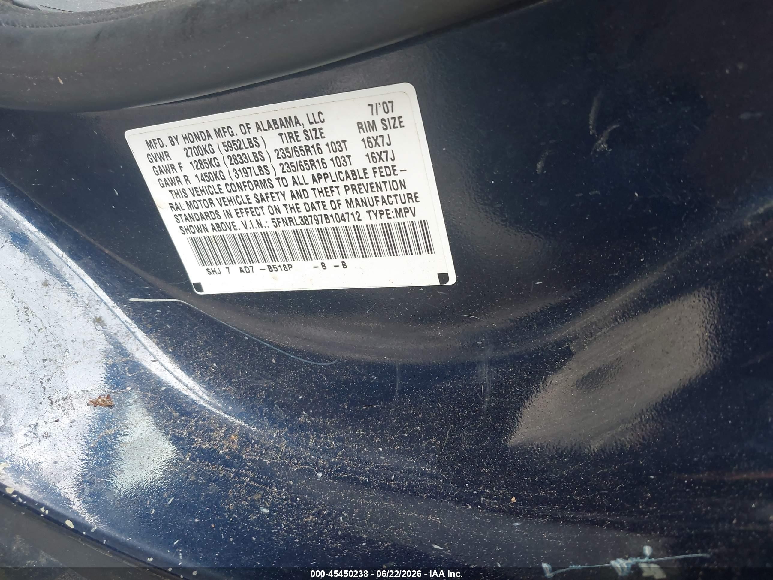 2007 Honda Odyssey Ex-l Blue vin: 5FNRL38797B104712