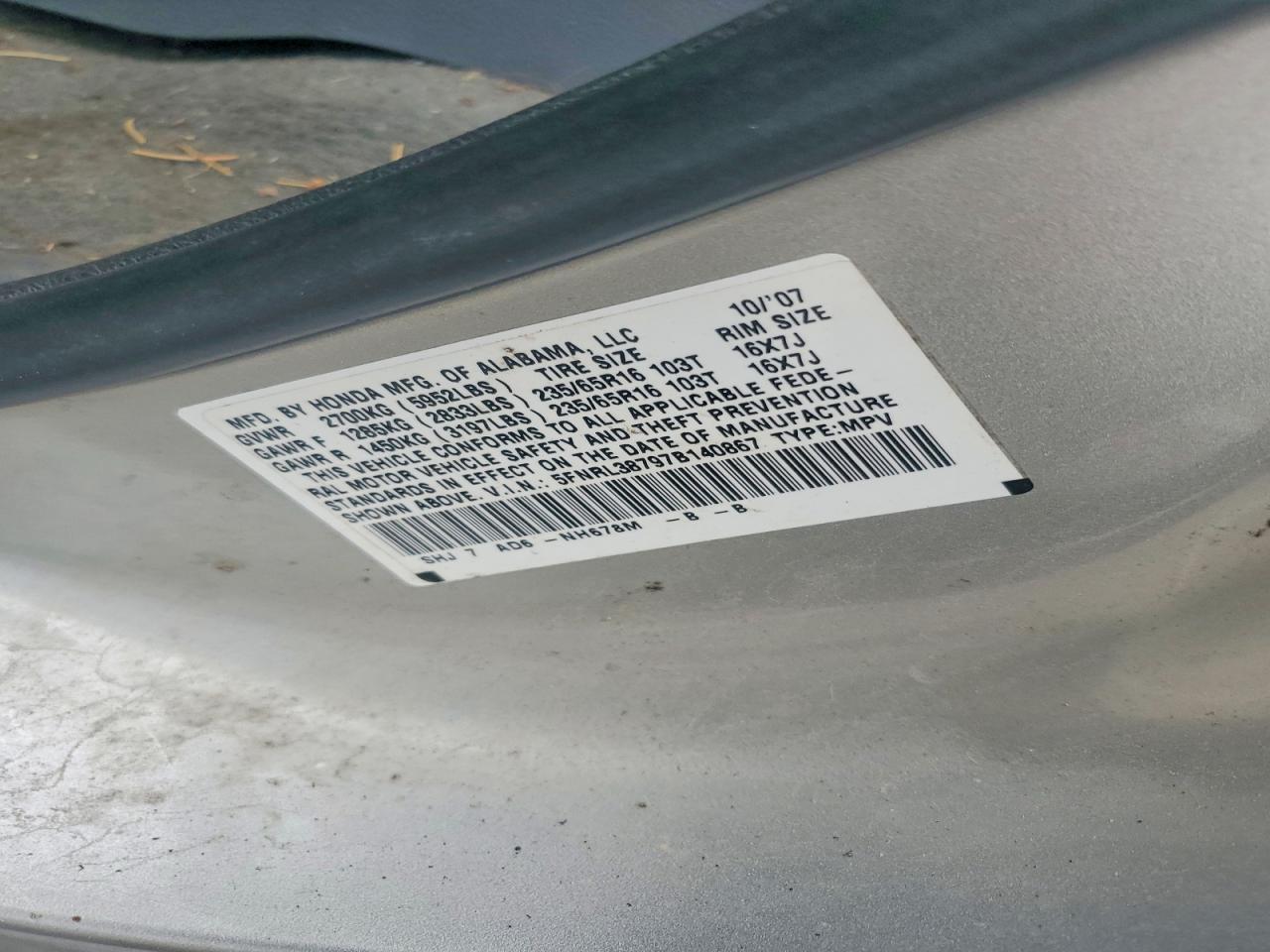2007 Honda Odyssey Exl Silver vin: 5FNRL38797B140867