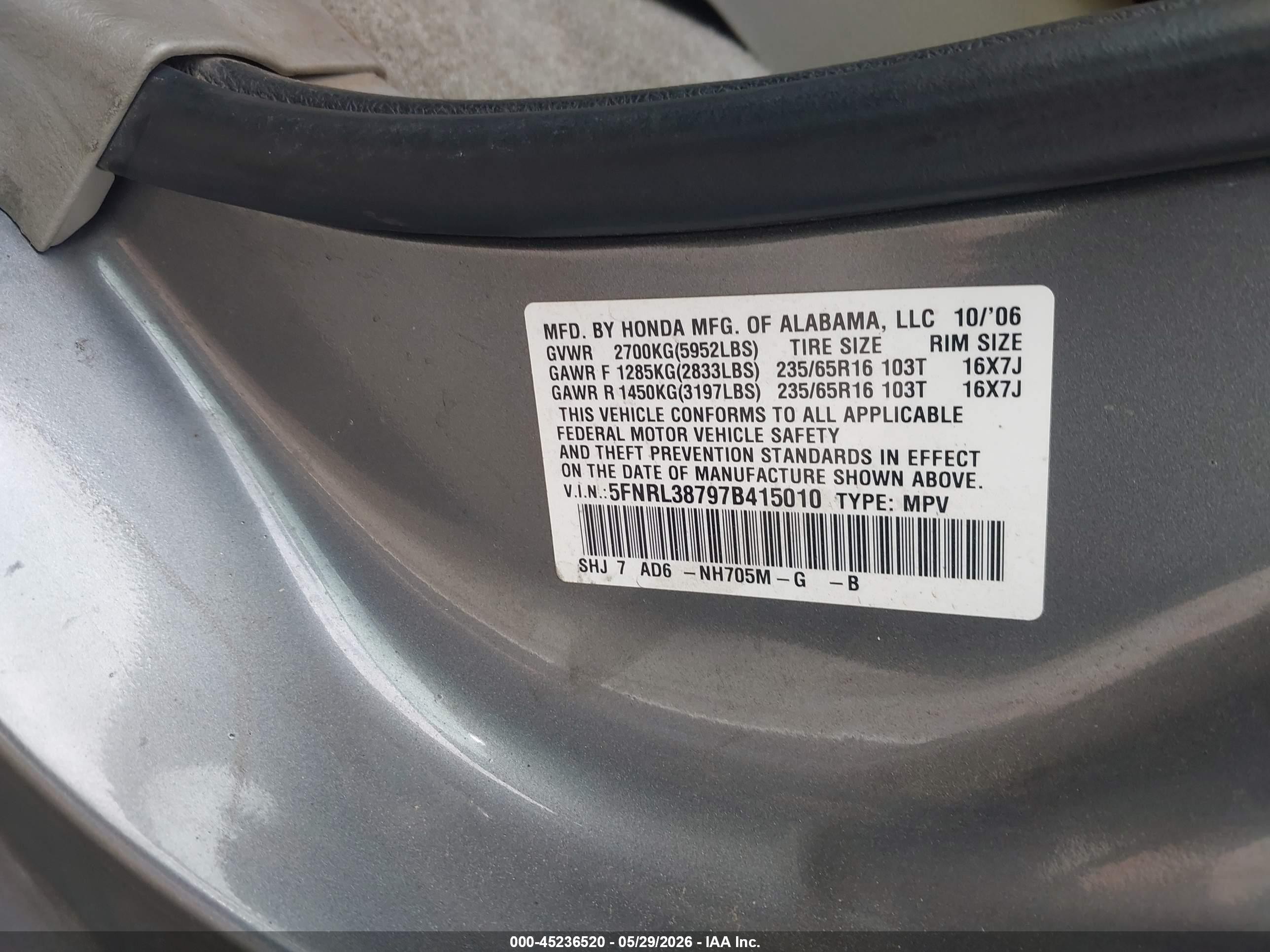 2007 Honda Odyssey Ex-l Gray vin: 5FNRL38797B415010