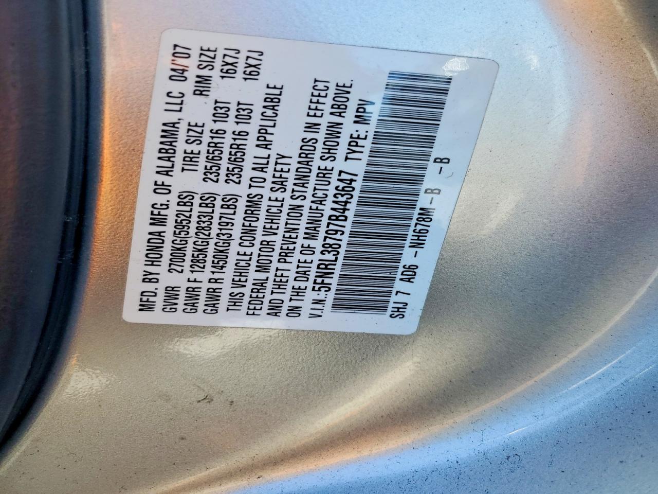 2007 Honda Odyssey Exl Серебряный vin: 5FNRL38797B443647