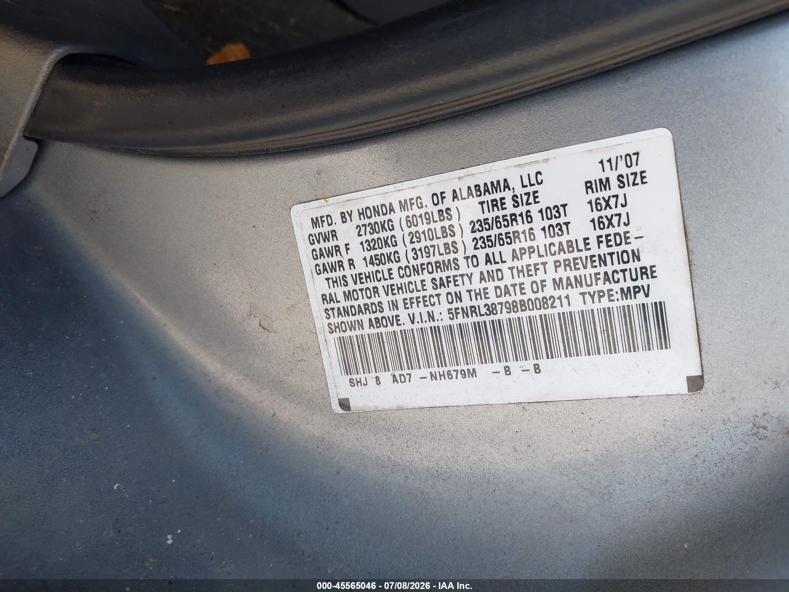 2008 Honda Odyssey Ex-l Light Blue vin: 5FNRL38798B008211