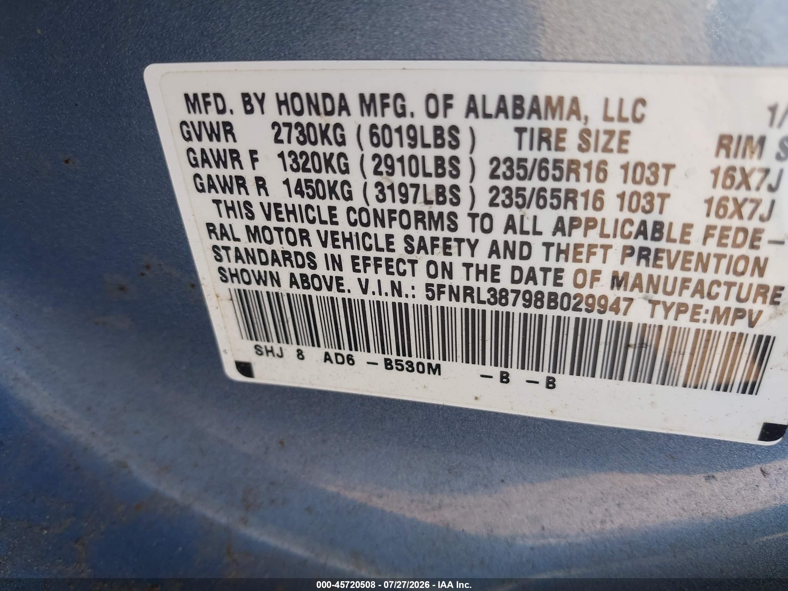 2008 Honda Odyssey Ex-l Blue vin: 5FNRL38798B029947