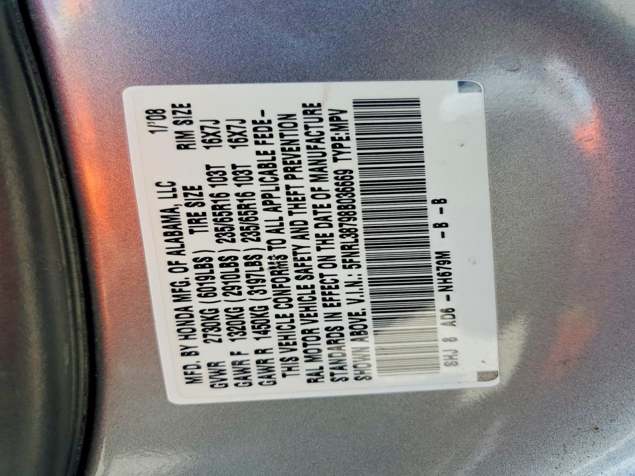 2008 Honda Odyssey Exl Blue vin: 5FNRL38798B036669