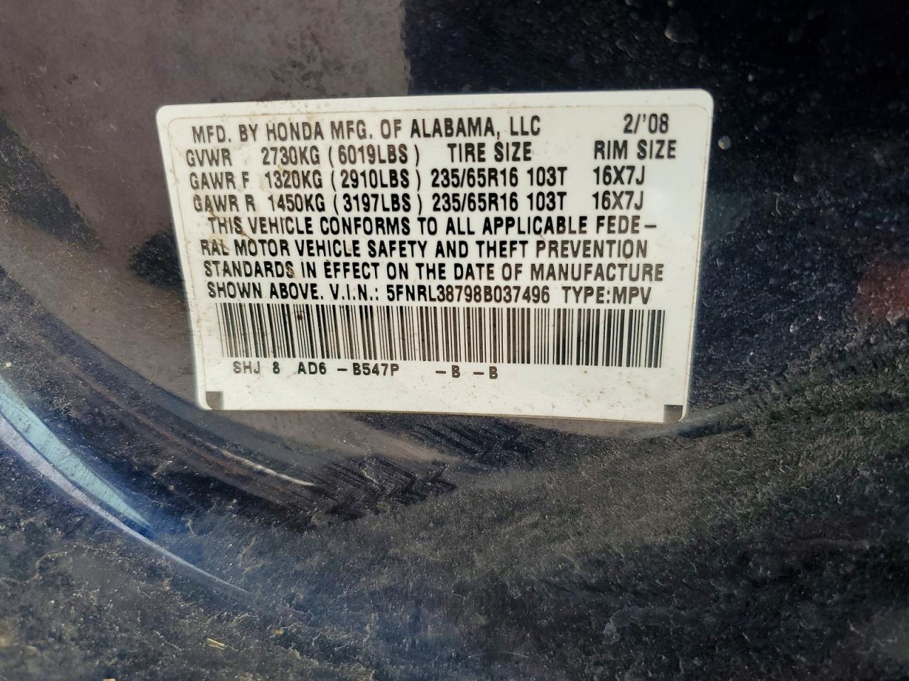 2008 Honda Odyssey Blue vin: 5FNRL38798B037496