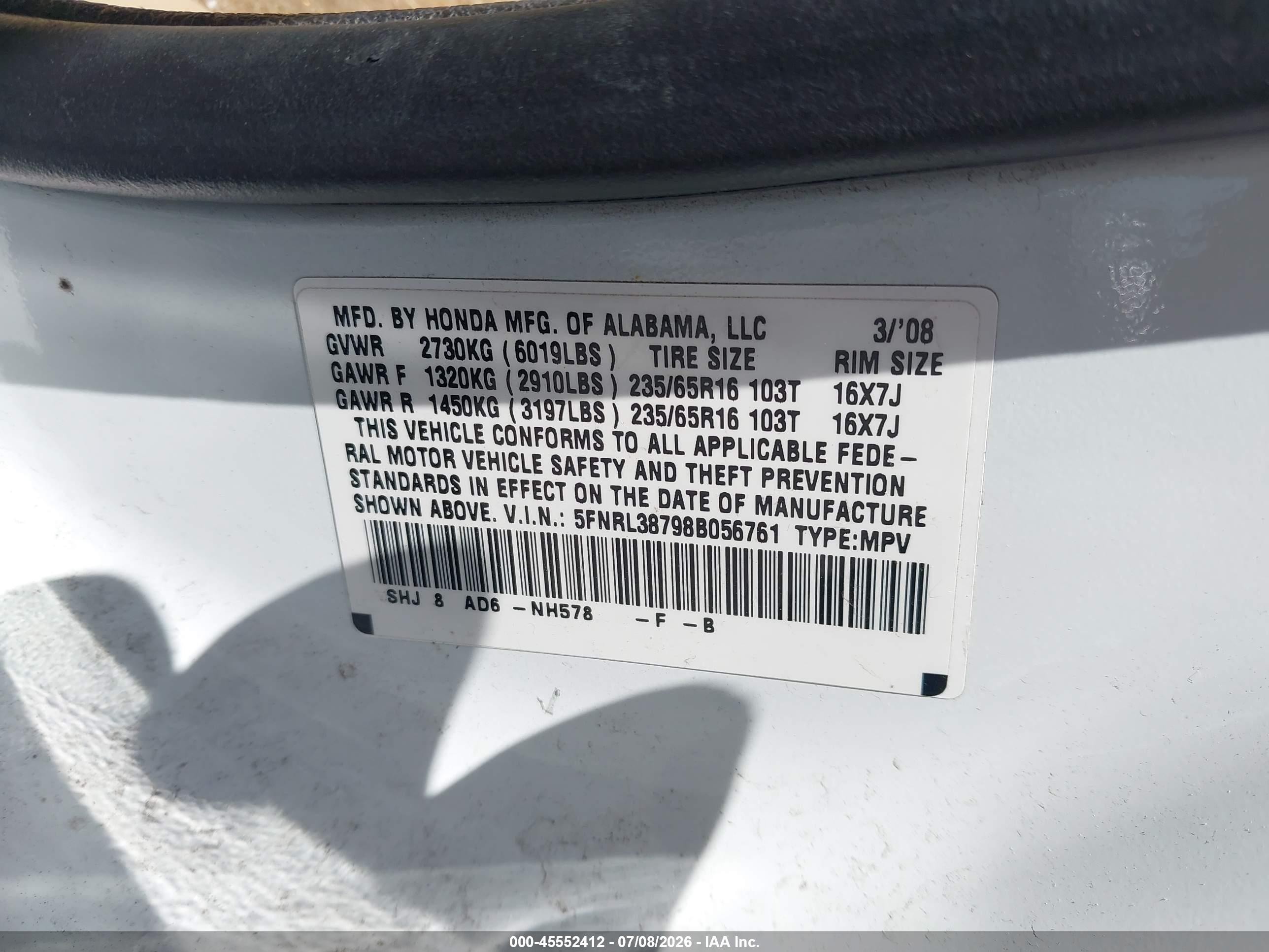 2008 Honda Odyssey Ex-l White vin: 5FNRL38798B056761