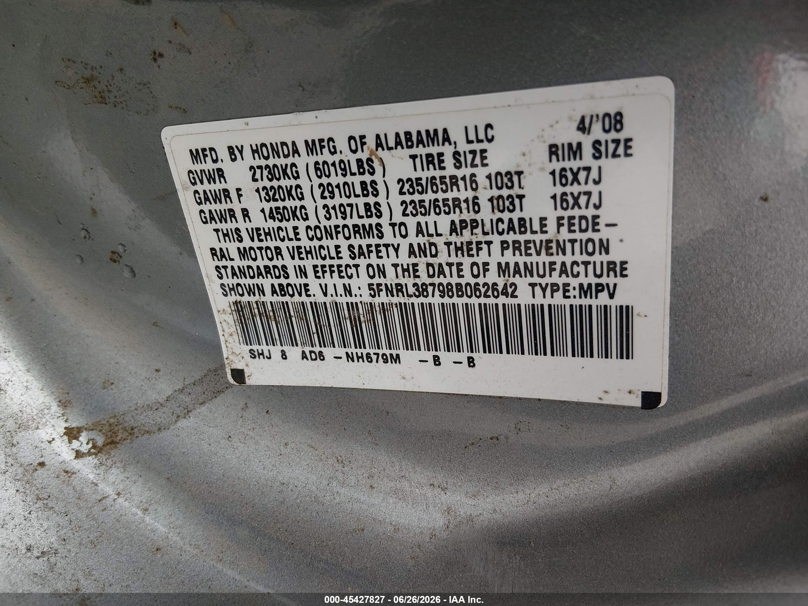 2008 Honda Odyssey Ex-l Light Blue vin: 5FNRL38798B062642