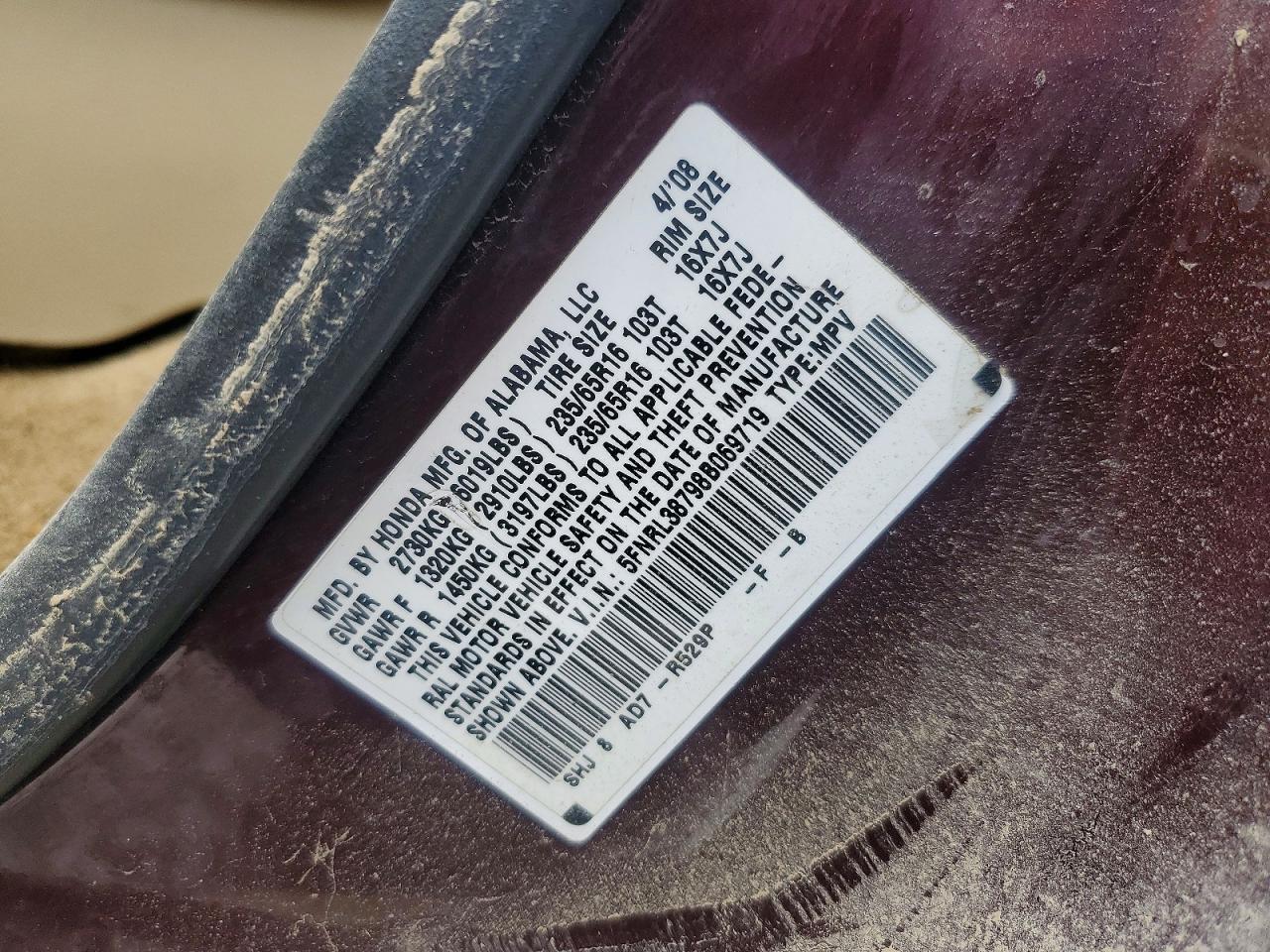 2008 Honda Odyssey Exl Red vin: 5FNRL38798B069719